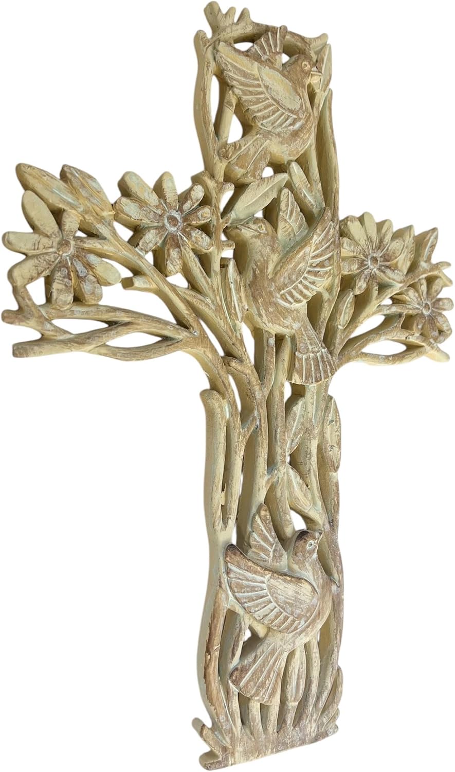Top Brass Garden of Life Decorative Wall Cross – Rustic Carved Wood Look – Flowers and Doves Spiritual Jesus Art