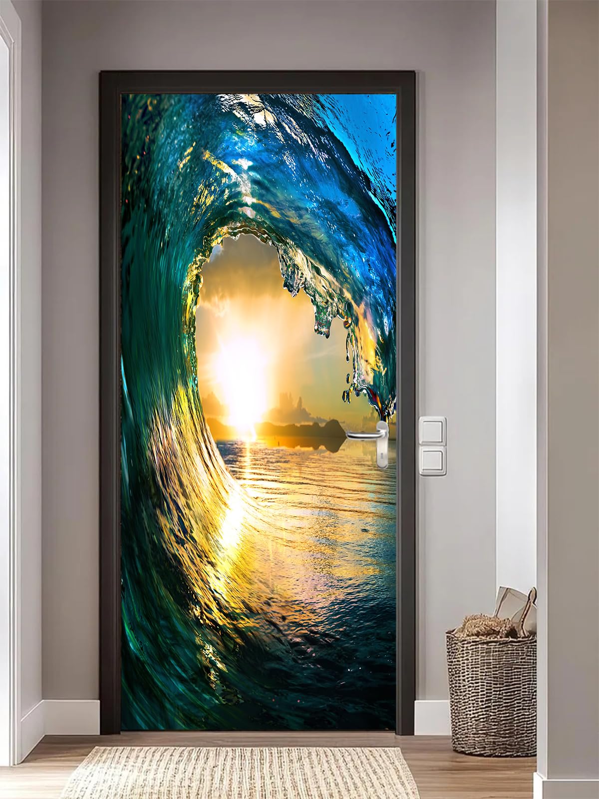 FLFK 3D Door Stickers Peel and Stick 77x200cm,Self-Adhesive Door Murals Wallpaper Poster Sunset Ocean Wave Decals for Home Decor(2Pcs/Set)