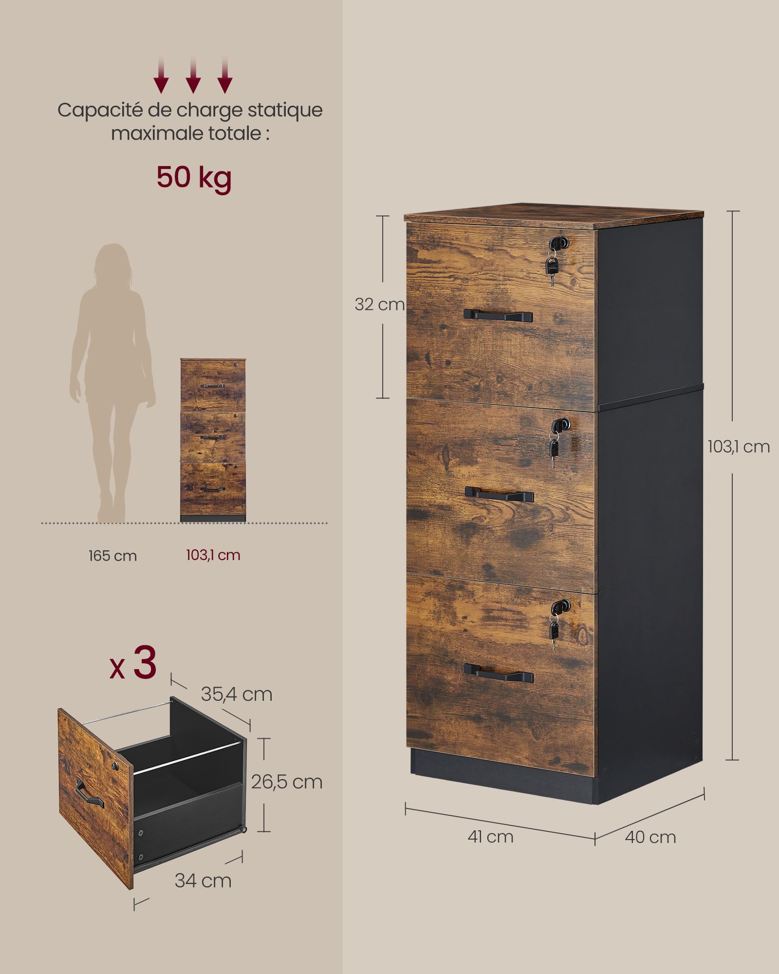 VASAGLE Meuble de Bureau avec 3 Tiroirs Verrouillables, Tringles Réglables, Compatible A4, Marron Rustique et Noir