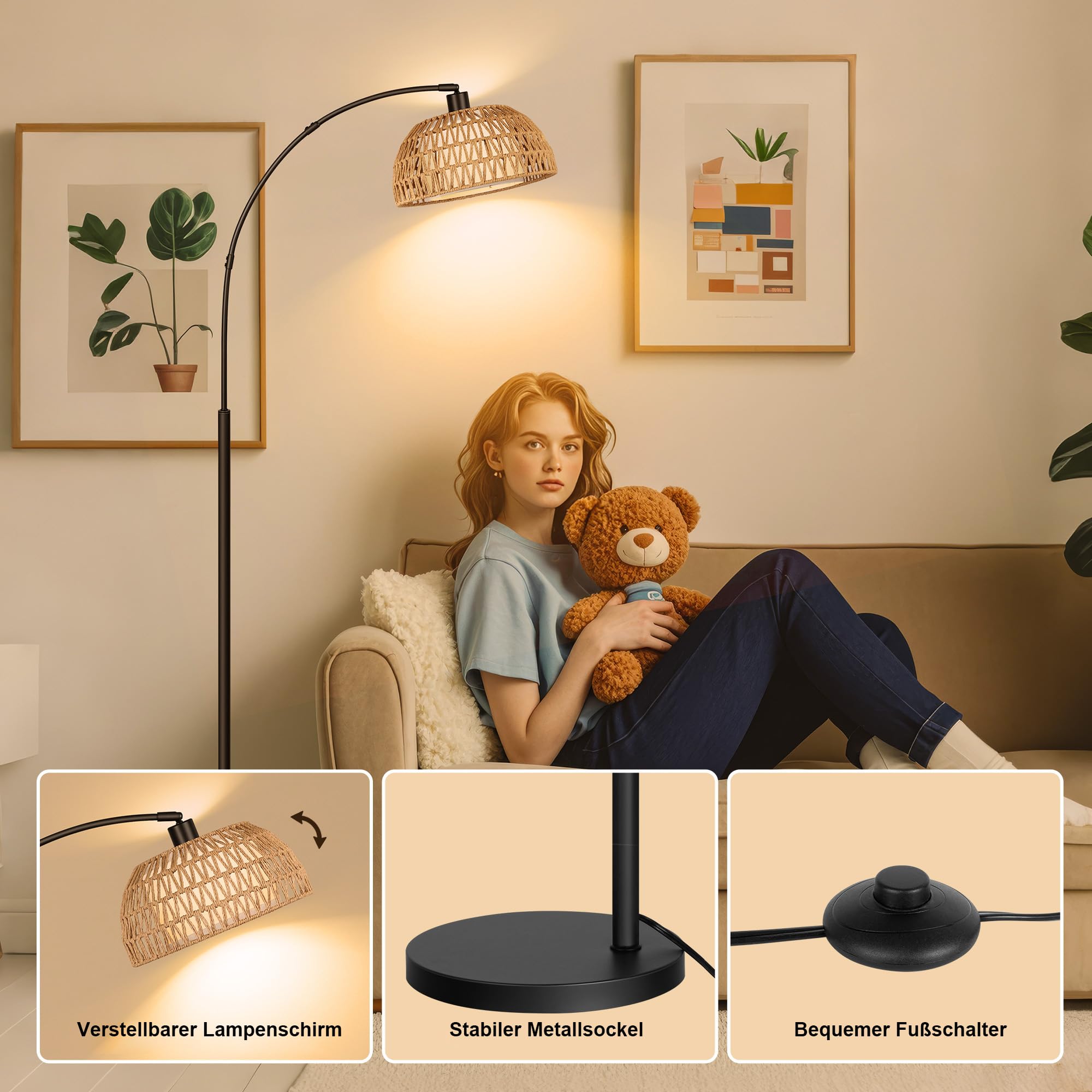 ROTTOGOON Bogen Rattan Stehlampe für Wohnzimmer 3 Farbtemperaturen Dimmbare 9W LED mit Fußschalter Boho Landhausstil Stehleuchte für Schlafzimmer Büro inkl. Birne Schwarz