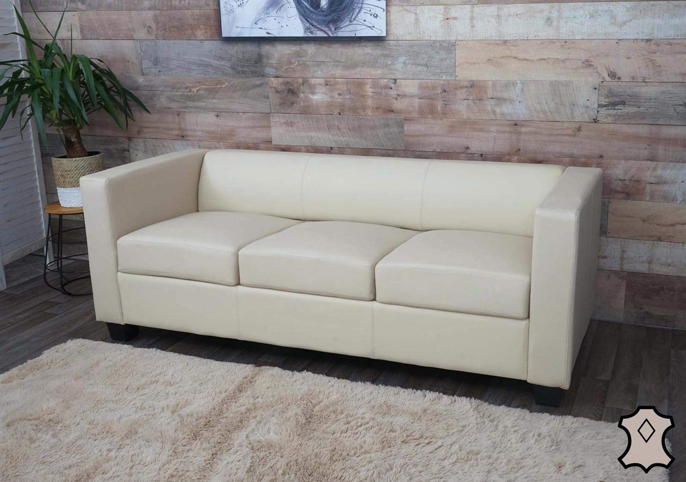 Mendler Divano Sofa 3 posti Lounge Moderno Elegante Serie Lille M65 75x191x70cm Pelle Avorio