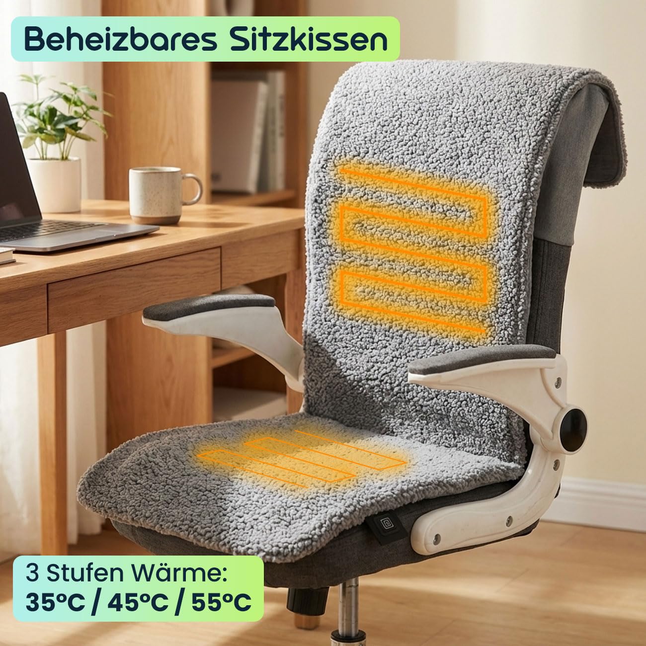 ideoon Beheizbares Sitzkissen mit Rückenteil, Akku: Mobile Sitzkissen für Zuhause, Auto & Büro, 3 Stufen Wärme, ergonomische Sitzauflage, 45 x 135 cm