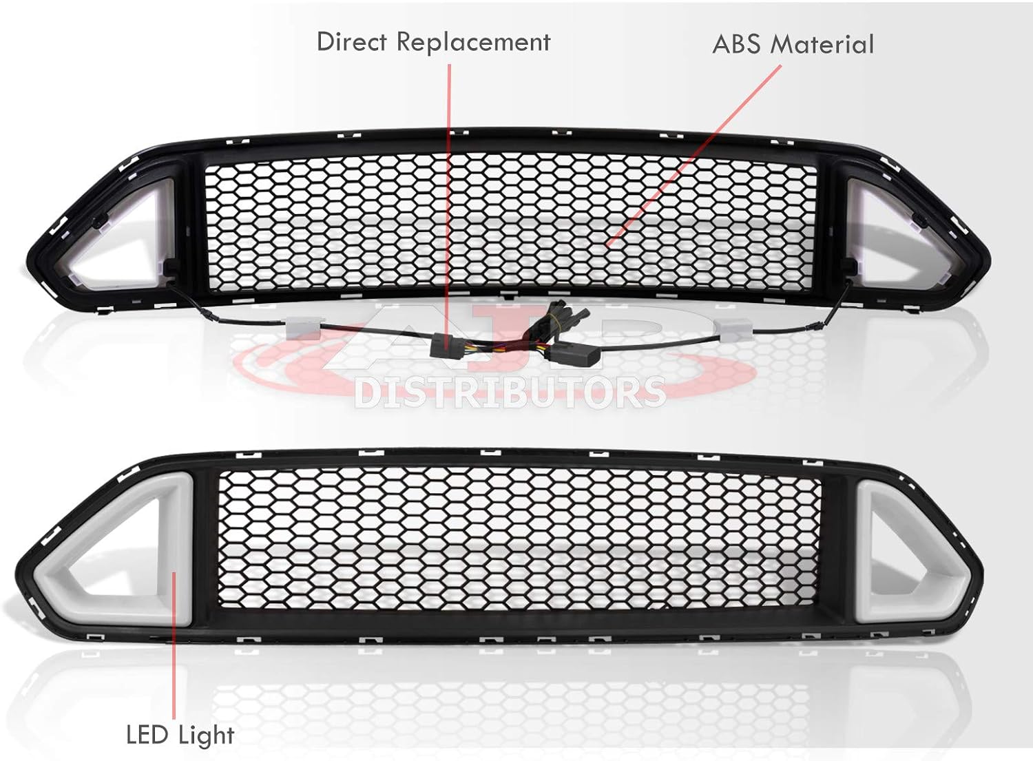 AJP Distributors Front Upper Hood Bumper Honeycomb Mesh Grille w/Triangle LED DRL Tube Bar Accent Vent Driving Light Grill Replacement For Mustang S550 GT 5.0 Coyote V8 EcoBoost V6 2018 2019 2020