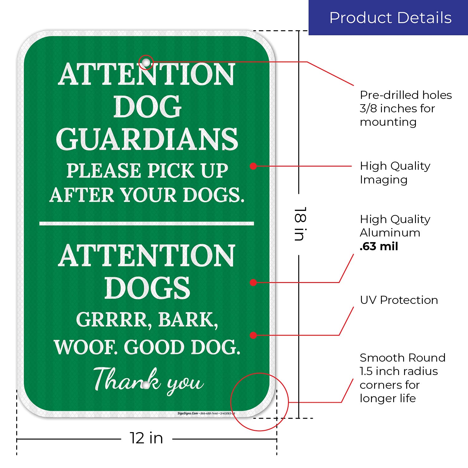 Attention Dog Guardian Please Pick Up After Your Dog Sign, 12x18 Inches, 3M EGP Reflective .063 Aluminum, Fade Resistant, Made in USA
