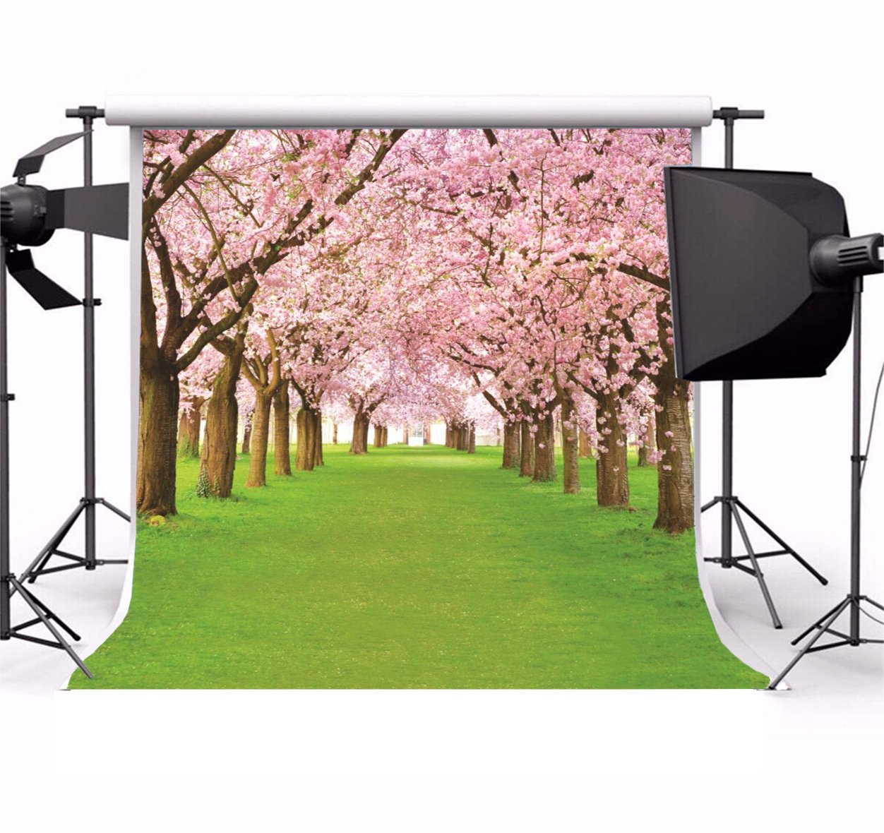 AOFOTO  Spring Cherry Flower Photography Backdrop Pink Cherry Blossoms Green Grassland Garden Park Nature Scenery Background Floral Trees Pathway Road Kids Girls Birthday Photo Shoot Props: 6x6ft
