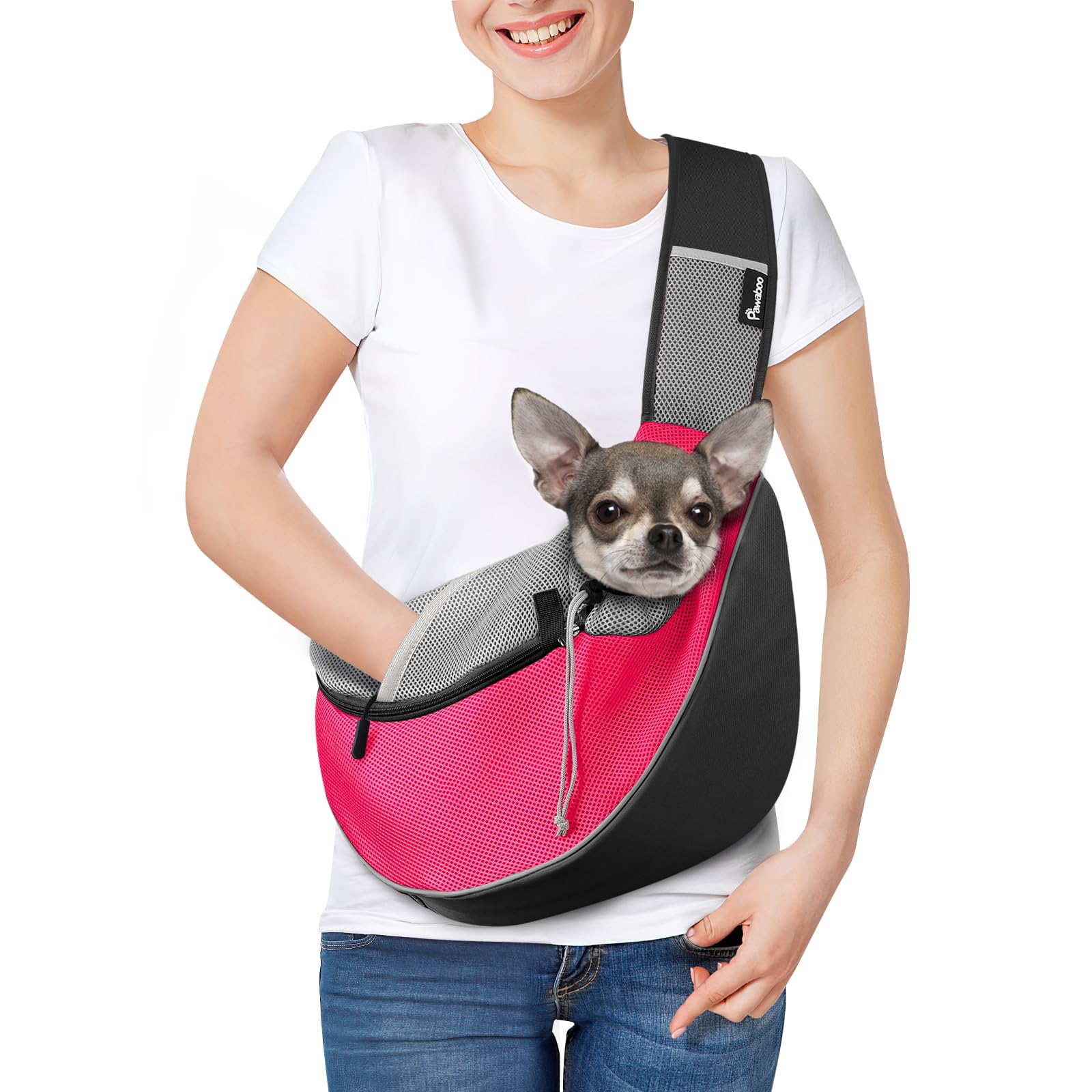 Pawaboo Mochilas Portaperros, Bolsa Portátil para Mascotas con Bolsillo Acariciador y Correa Ajustable, Bolsa de Mensajero Transpirable Cómoda con para Cachorros Gatitos para Viajar, S, Rosa