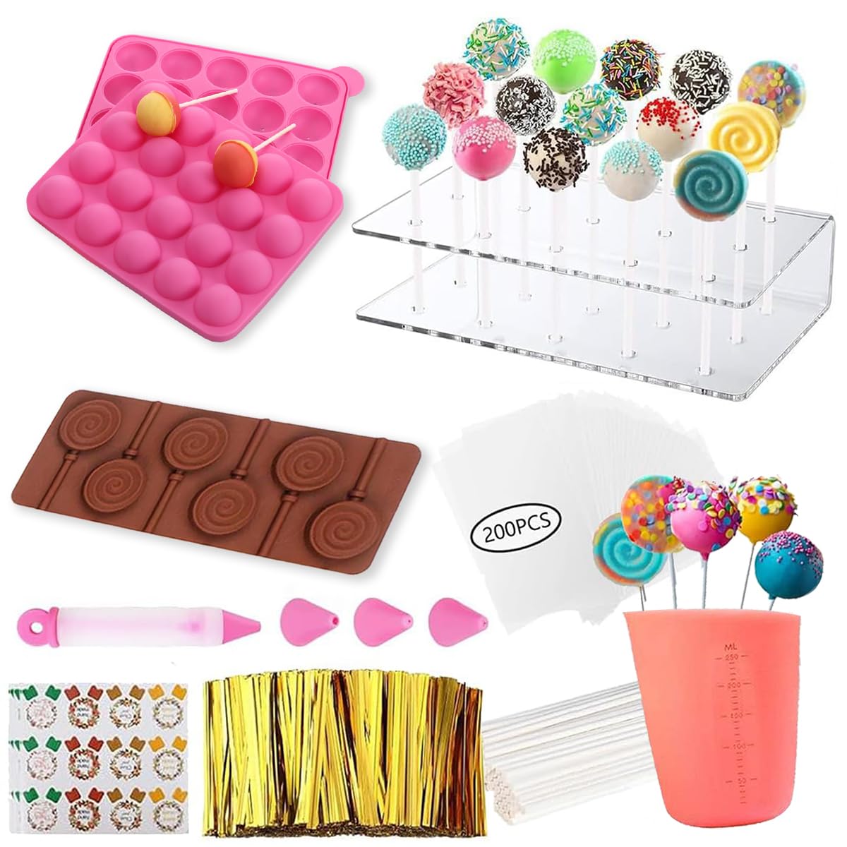 717PCSCake Pop-Formen-Set, Lutscher-Kuchenformen-Set mit Cake-Pop-Ständer, Cake-Pop-Sticks und Wrappers, Dekorationsstift, 4 Spritztüllen, Messbecher