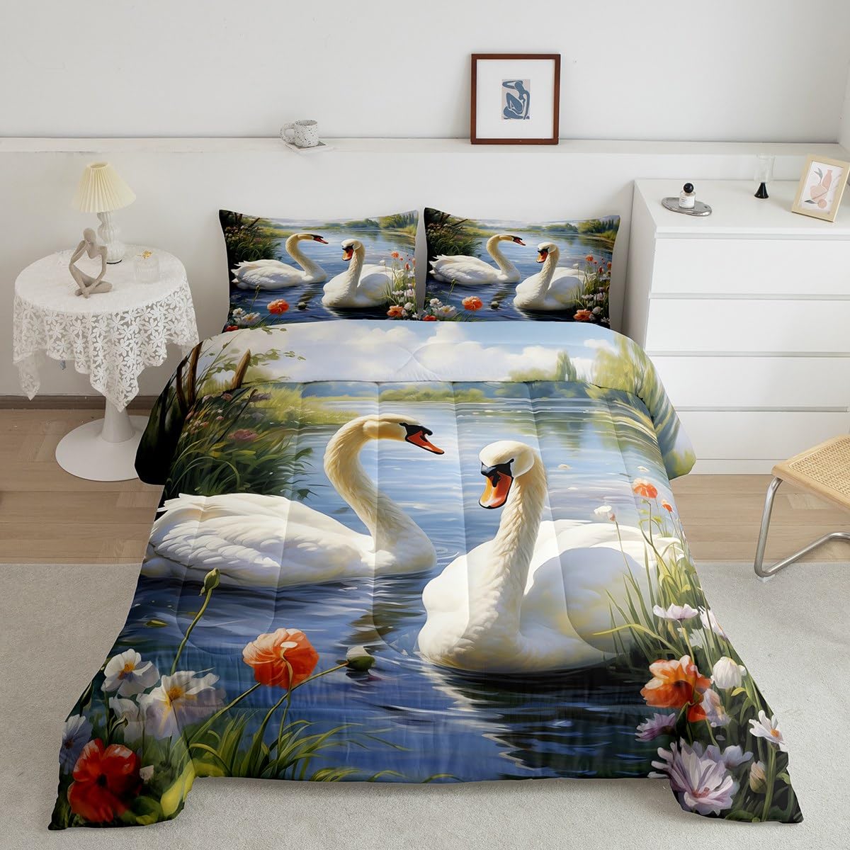 Manfei Swan Lake House Comforter Set Full Size,Flowers Botainical Plant Rustic Cabin Bedding Set,Boys Girls Room Decor,Wild Pond Animals Country Down