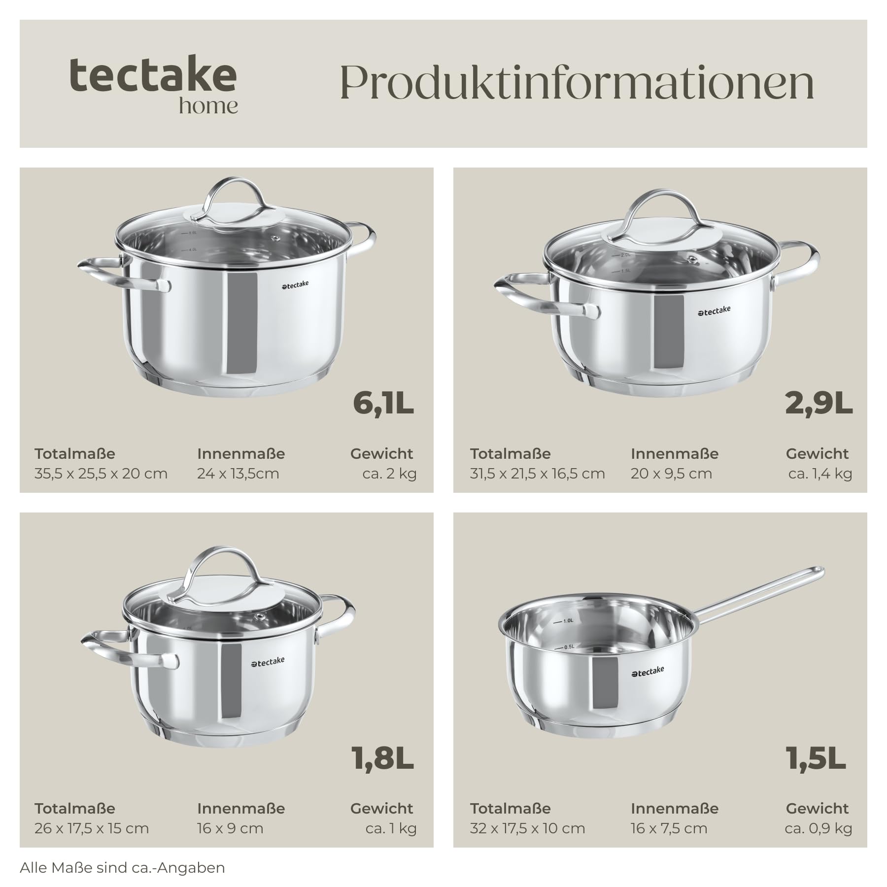 tectake® 7-tlg. Topfset, Edelstahl Kochgeschirr, Töpfe Set mit Deckel, Kochtopf Set für Induktionskochfeld, Gas- und Elektroherd geeignet, Küchensets, Topfsets für Wohnung oder Camping Geschirr