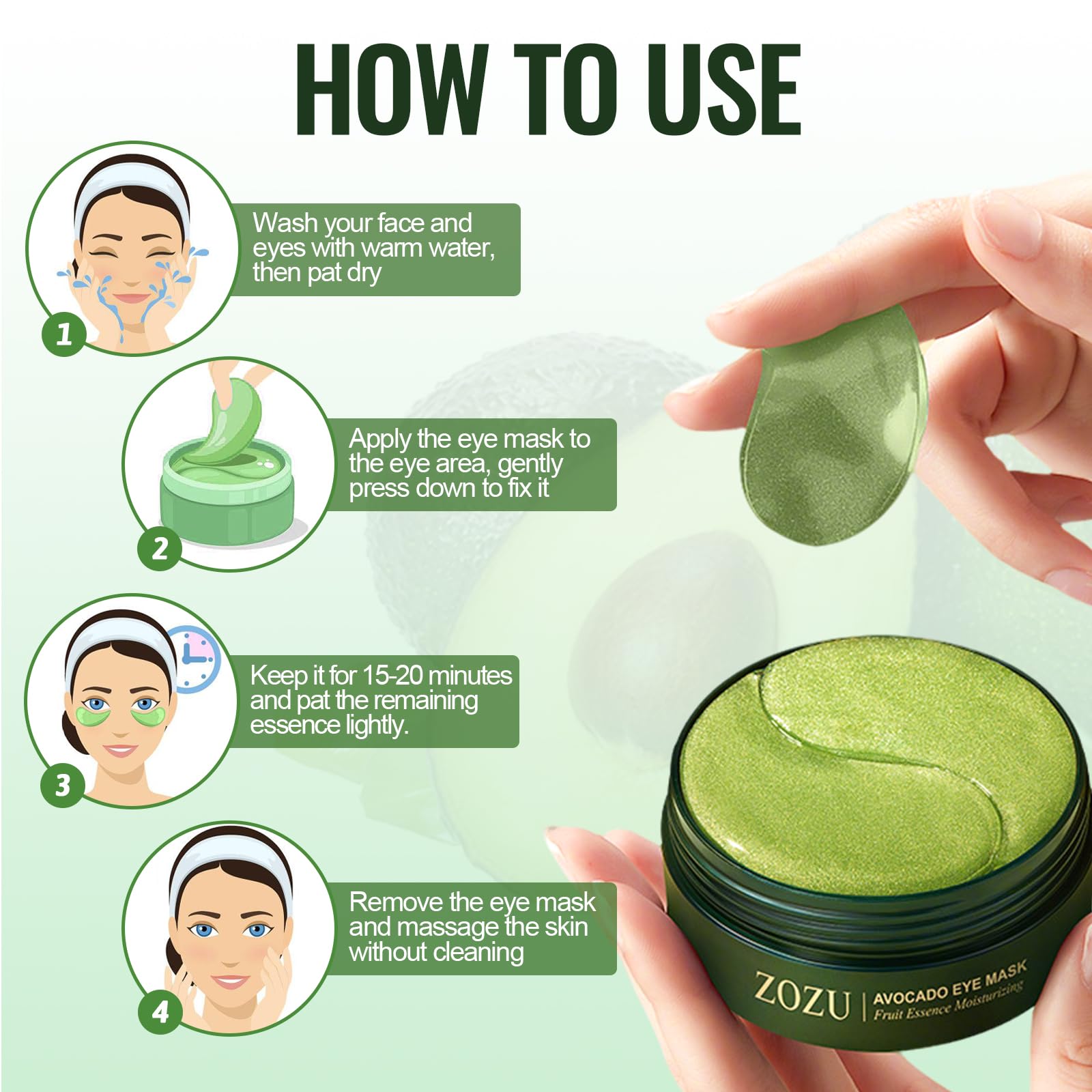 60 pezzi Maschera per Gli Occhi,Maschera per Gli Occhi di Acido Ialuronico Idratante,Avocado Patch Occhiaie, Rimuovi Borse e Gonfiore ,Pelle Lenitiva Ed è Facile da Usare