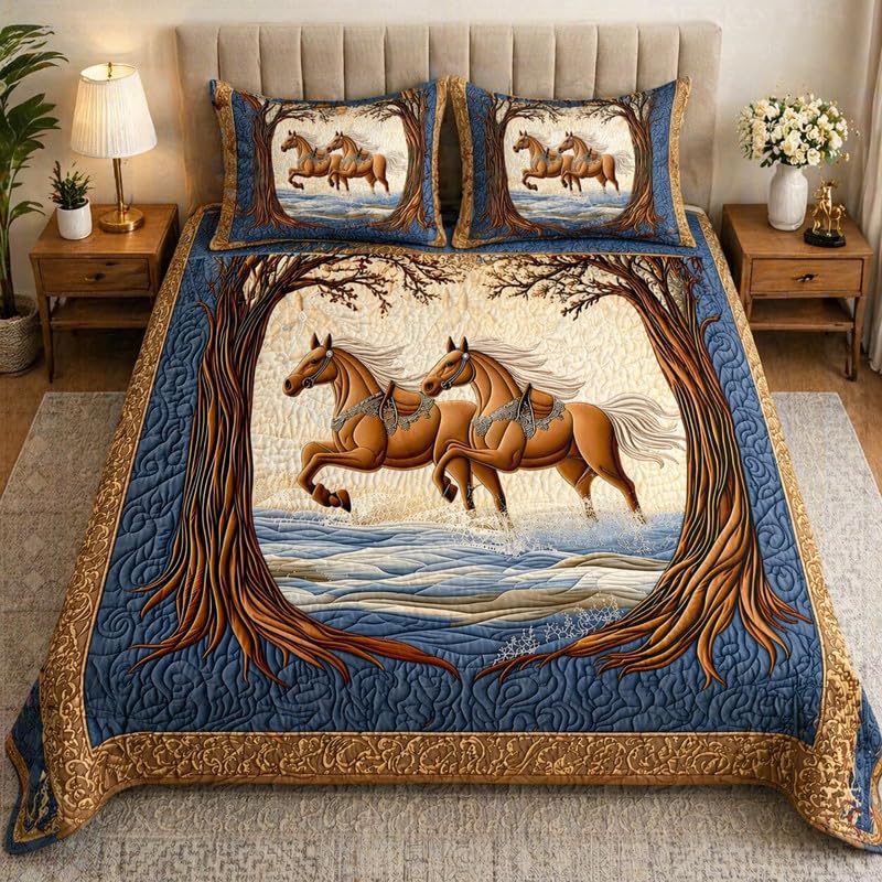 Image of Akshya Double Bedsheet King Size (90x100 Inch) with 2 Pillow Covers | 300 TC Microfiber Soft Bedsheet | Blue Horse Printed Designer Bedsheet for Double Bed