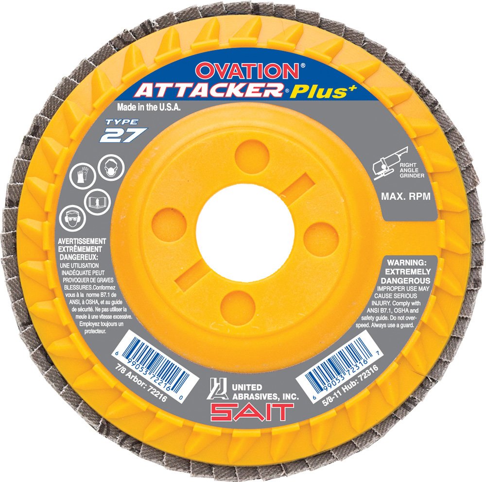 United AbrasivesSAIT 72215 Type 27 High Density Ovation Attacker+ Flap Disc, 4-1/2 X 7/8, Zirconium, 40 Grit, 10 Per Box