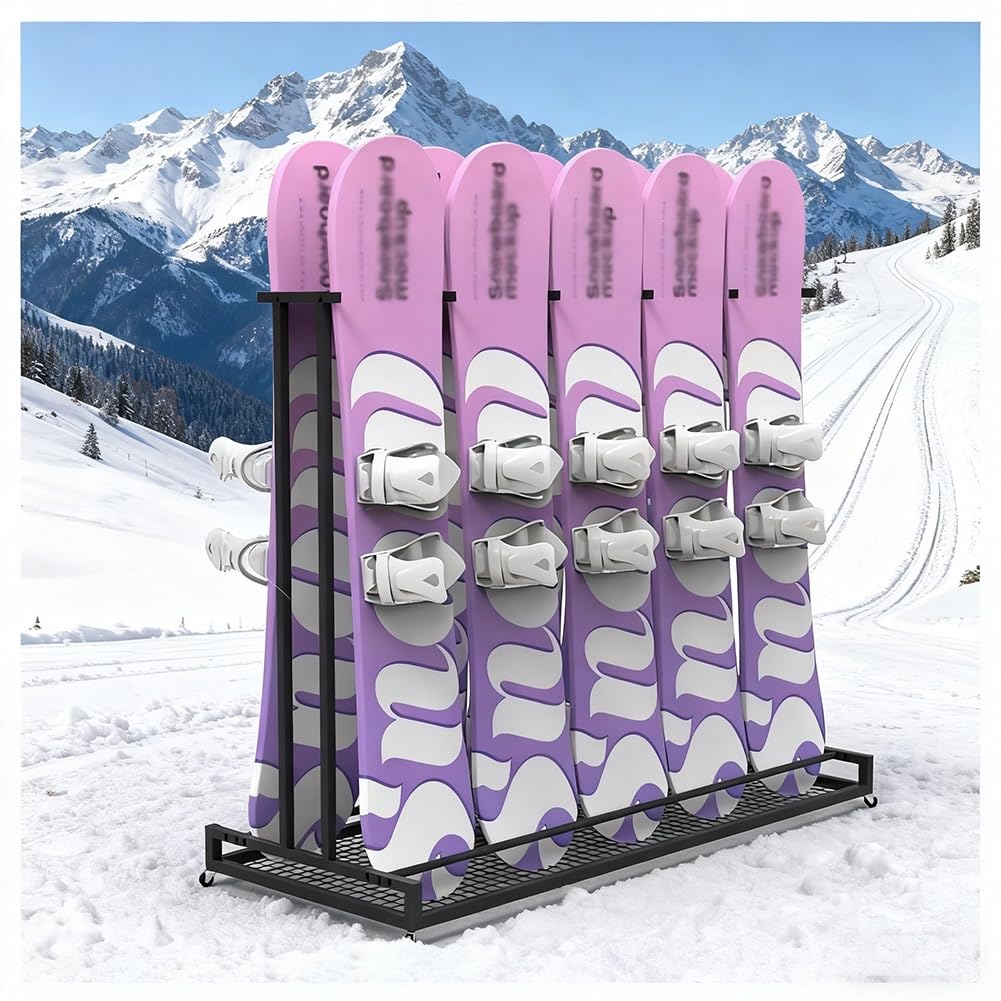 Generisch Robustes Snowboard-Aufbewahrungsregal mit Rollen - Ski-Präsentationsständer aus Metall für Zuhause, Garage oder Skigebiet - Standbarer Ski-Musterboard-Organizer (62x60x120 cm)