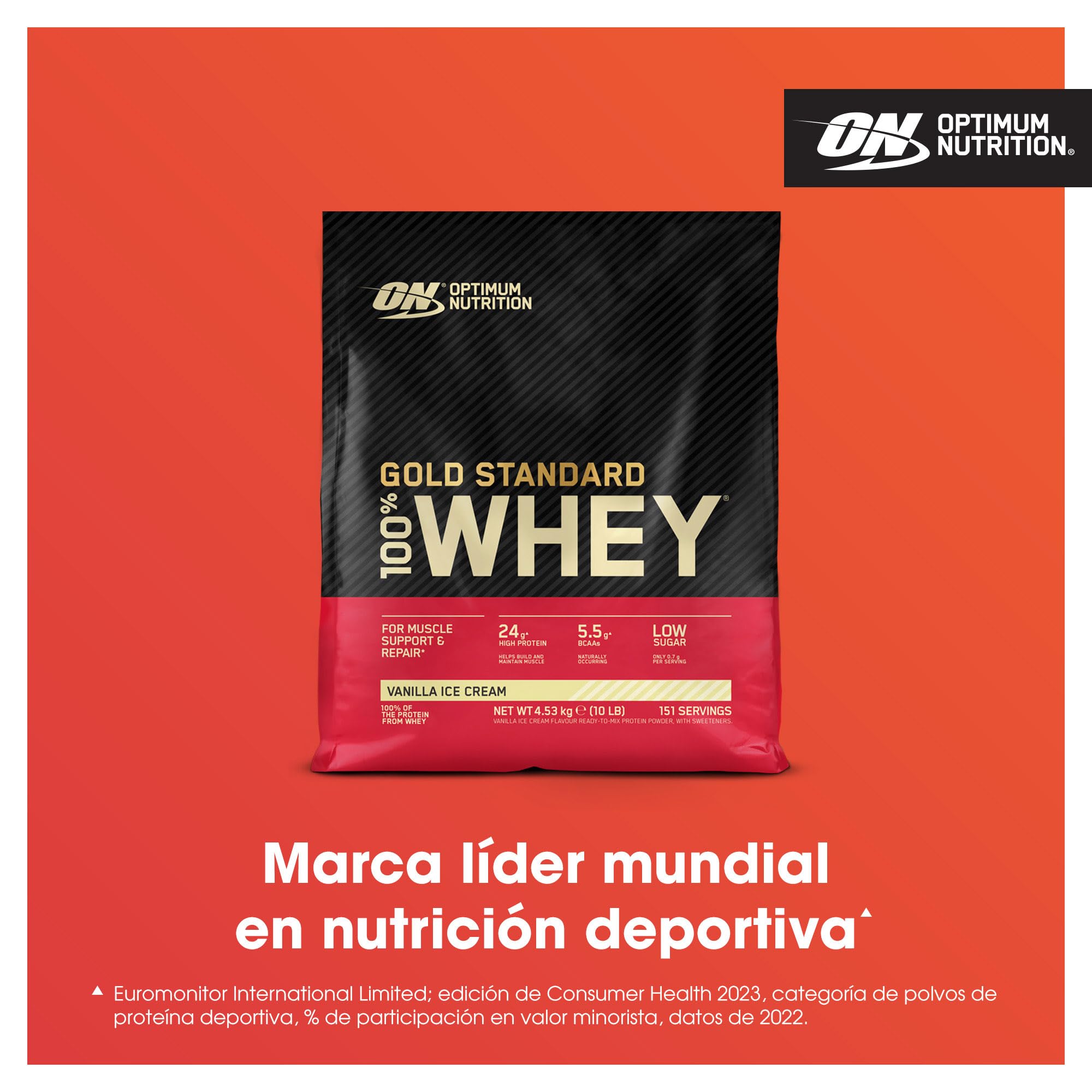 Optimum Nutrition Gold Standard 100% Whey, Proteína en Polvo, Sabor Helado de Vainilla, 4.53kg, 151 Servicios