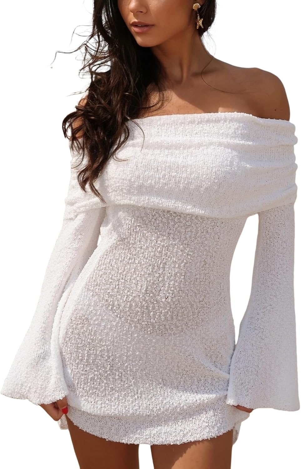 Unybwonn Women's Off Shoulder Mini Short Dress Bodycon Long Sleeve Crochet Sexy Going Out Mesh Elegant Sweater Dresses