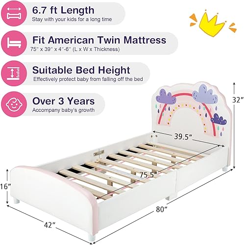 Miniatura 9 de HONEY JOY Marco de cama individual para niños, plataforma de cama individual de madera con cabecera y base de listones, no necesita somier, muebles