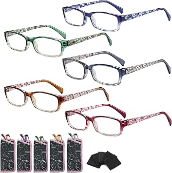 Reading Glasses for Women, 5 Pack Blue Light Blocking Computer Ladies Readers Men with Spring Hinge +2.0x
