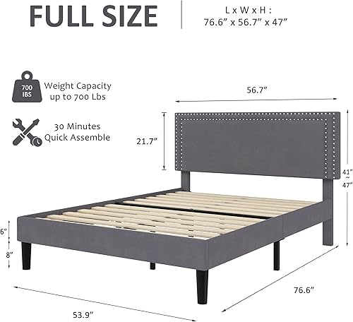 Miniatura 43 de VECELO Base de cama de tamaño matrimonial con cabecera tapizada ajustable, plataforma de listones de madera, diseño sin ruido, fácil montaje Negro