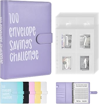 100 Envelopes Challenge Binder, 100 Envelopes Money Saving Challenge, A5 Money Saving Budget Binder with Cash Envelopes to Save $5,050 Budget Planner Purple