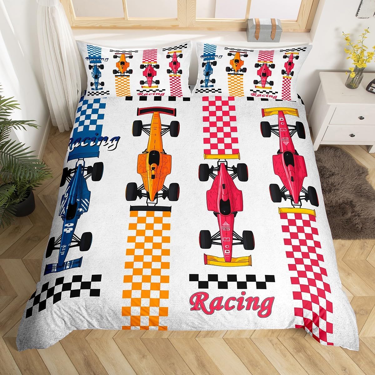 Zoo Animal Duvet Cover Set Toddler,Bear Tiger Penguin Elephant Monkey Bedding Set Kids Boys Girls Room Decor,Rustic Town Road Comforter Cover 2Pcs,Cartoon Tree Bus Green Bedspreads Cover,1 Pillowcase