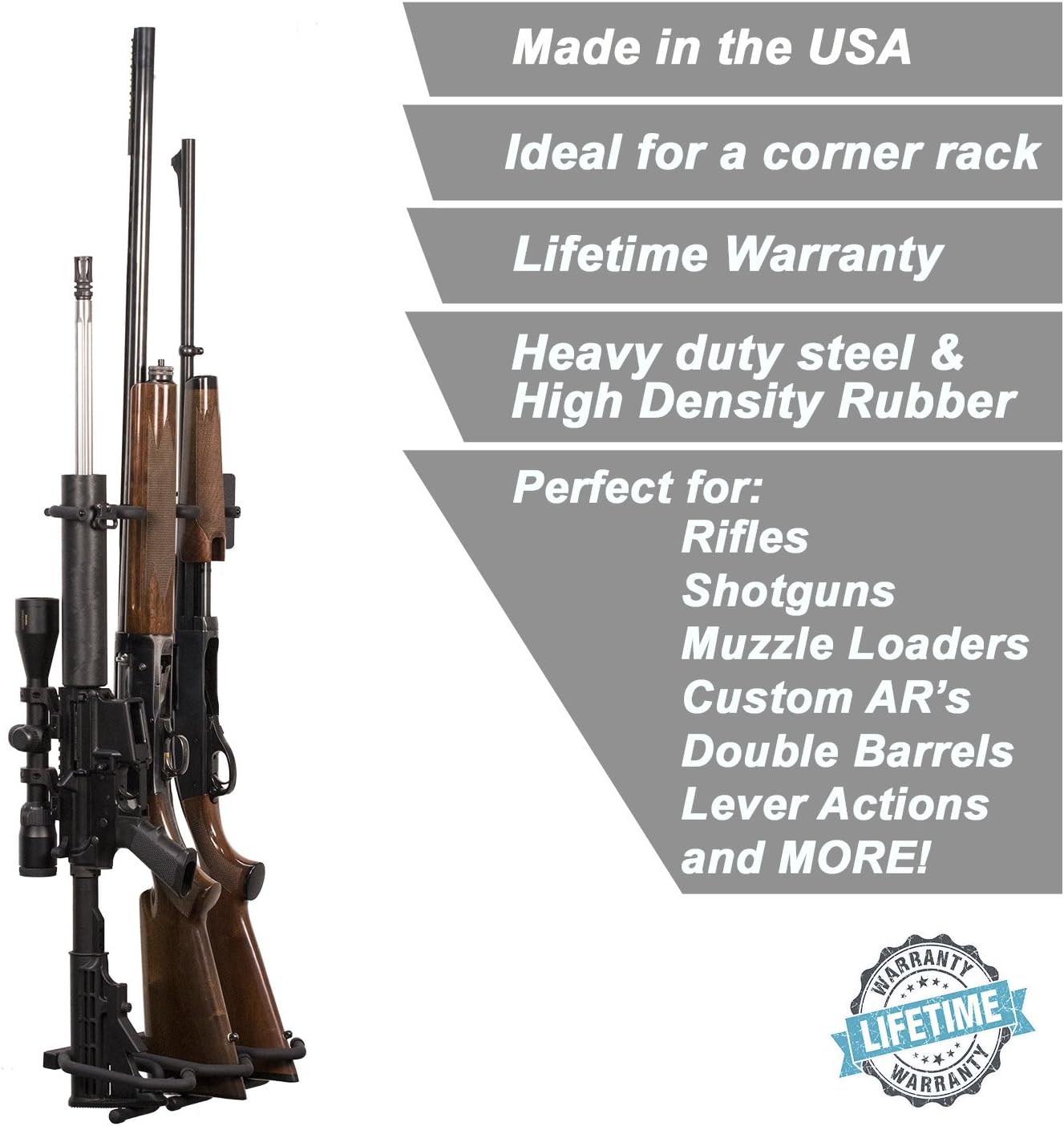 Hold Up Displays - Vertical Gun Rack and Rifle Storage Holds 3 Shotguns or Rifles - Right Facing for All Leading Brands of Firearms - Heavy Duty Steel - Made in USA