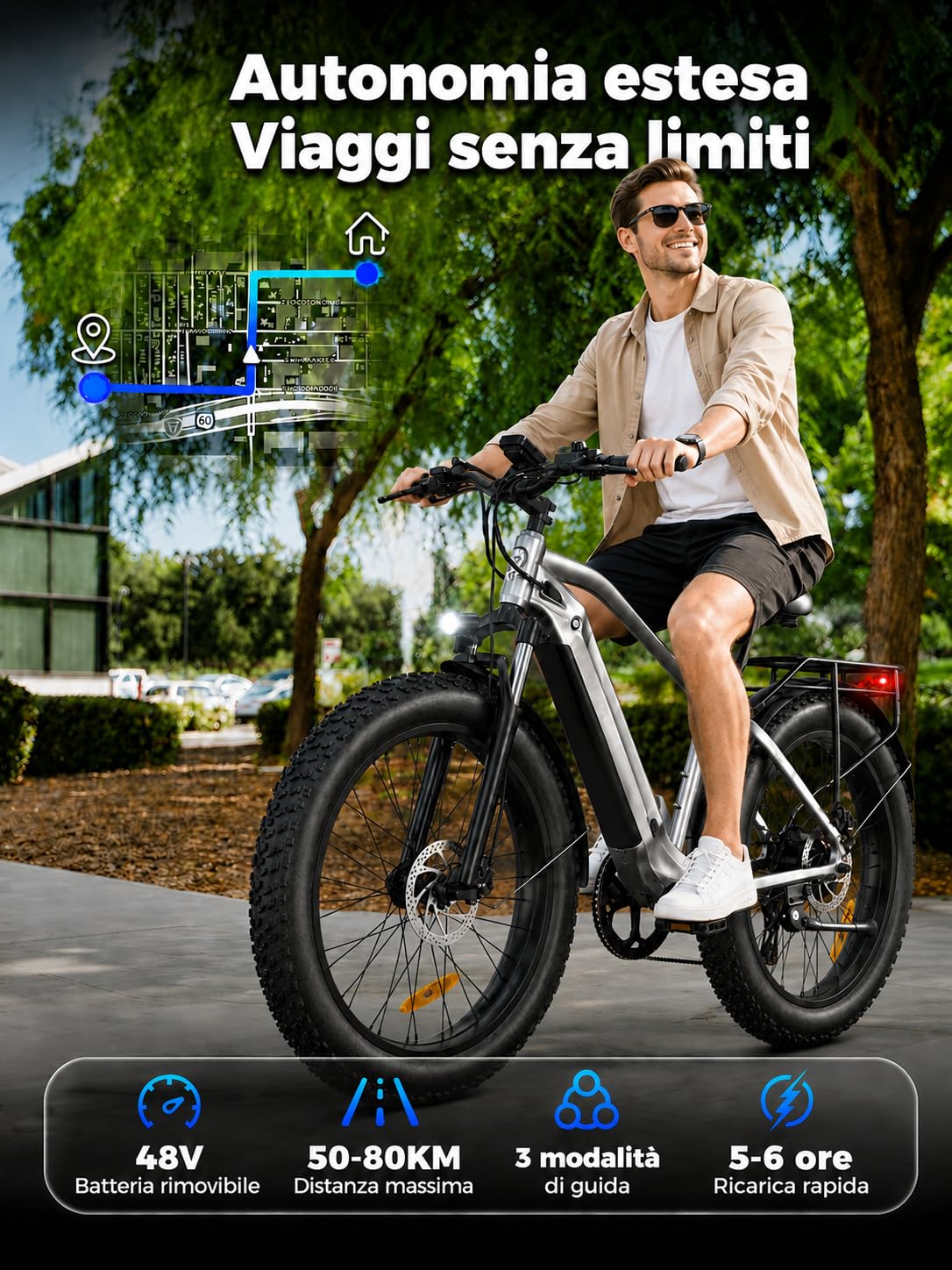 Bodywel D6 Bici Elettrica Adulto, 26x4 Fat Mountain E Bike Tutti i Terreni, Batteria 48V 15Ah, Motore 250W, 7 Velocità, Forcella Ammortizzata, Freni a Disco Idraulici e Telaio in Lega (Argento)
