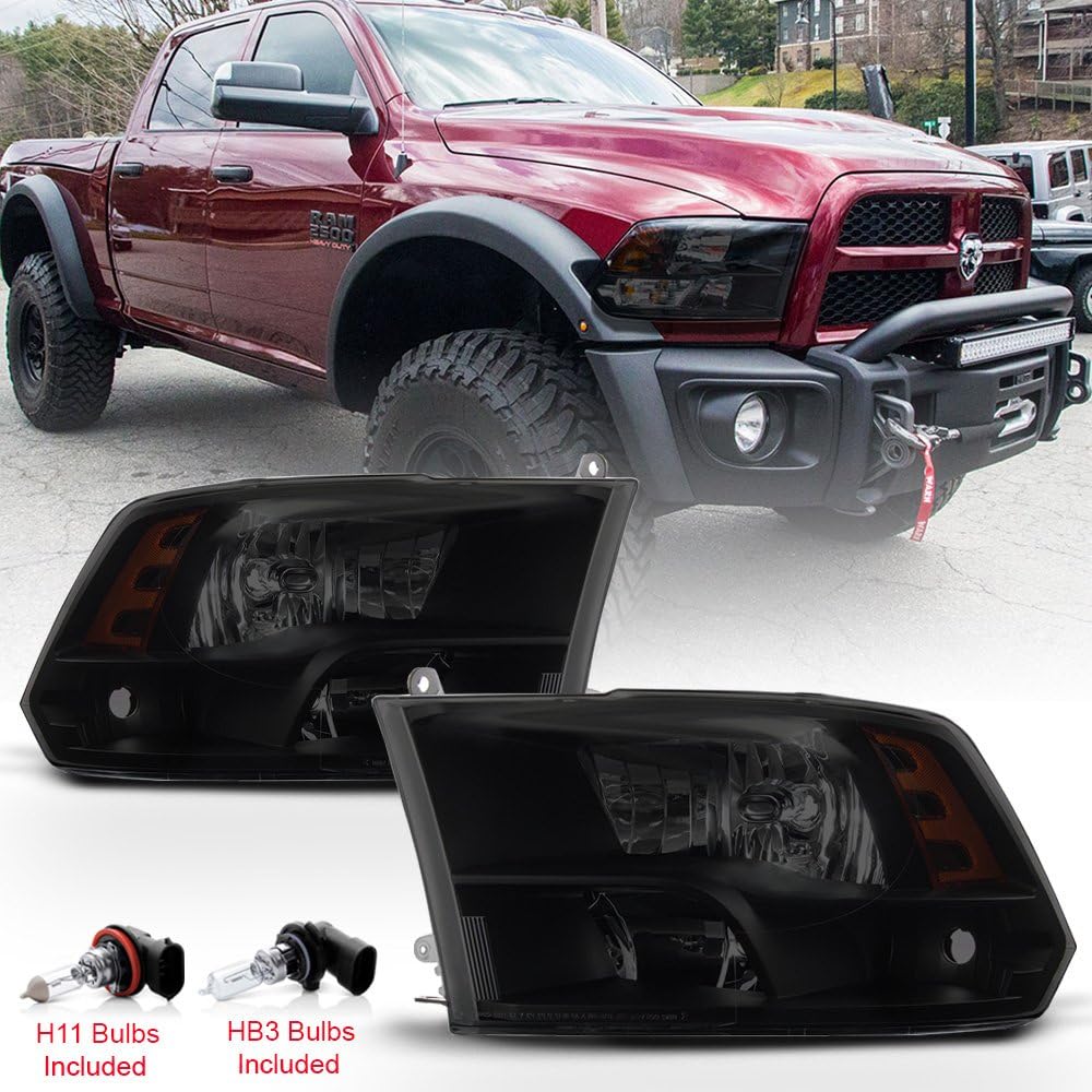 ACANII - For 2009-2018 Dodge Ram 1500 2500 3500 Black Smoke Dual/Quad Beam Headlights Headlamps w/Bulbs Pair Left+Right
