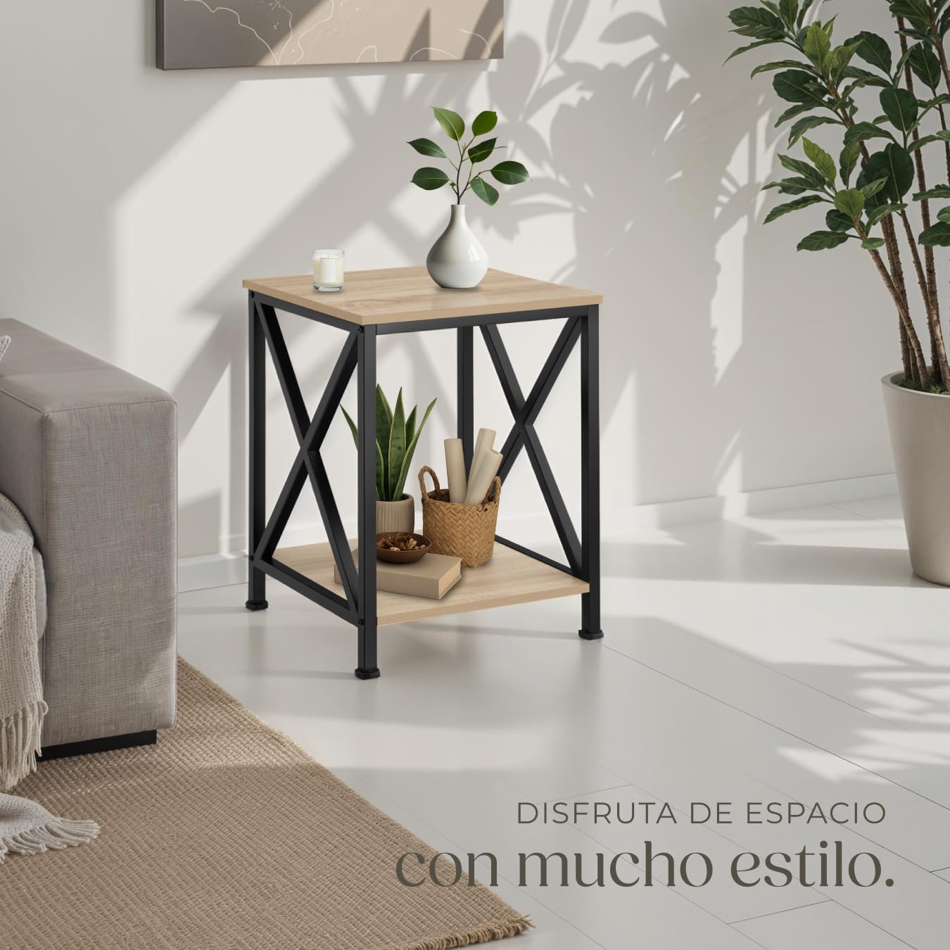 tectake® Mesa Auxiliar Salon Estilo Industrial con 2 Estantes y Pies Ajustables, Mesitas de Noche, Decoracion Hogar, Muebles, Oficina - 40,5 x 40,5 x 52,2 cm Madera Industrial Clara, Roble Sonoma
