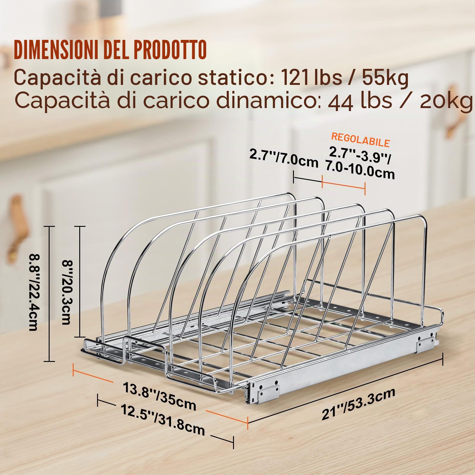 VEVOR Portaoggetti Scorrevole per Pentole da Cucina con Coperchio Espandibile 31,8 x 53,3 x 22,4 cm, Porta Pentole Estraibile Sottolavello Divisori Regolabili, Porta Pentole Utensili da Cucina 20 kg