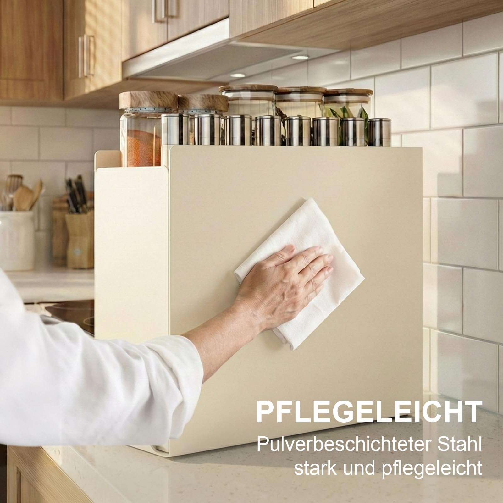 Gewürzregal Ausziehbar, 2 Etagen Gewürzregal mit Schublade ohne Bohren, Gewürz Organizer Küche für Arbeitsplatte und Schrank, Ölflaschen Organizer mit Küchenrollenhalter und 4 Haken