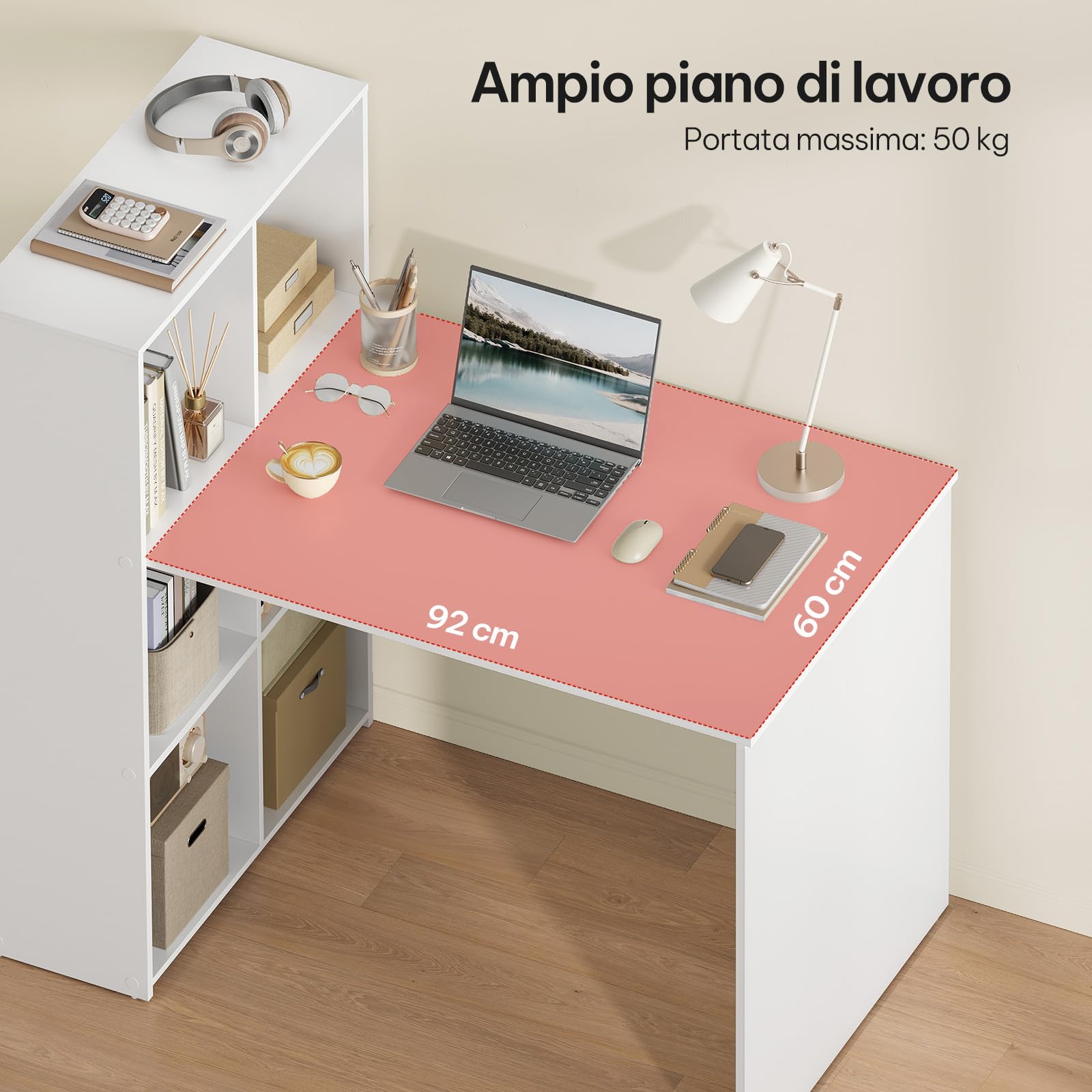 eSituro Scrivania con Libreria a 3 Ripiani, 120 x 63 x 111 cm, Bianca | 6 Scomparti Aperti, Design Salvaspazio, per Studio e Camera da Letto