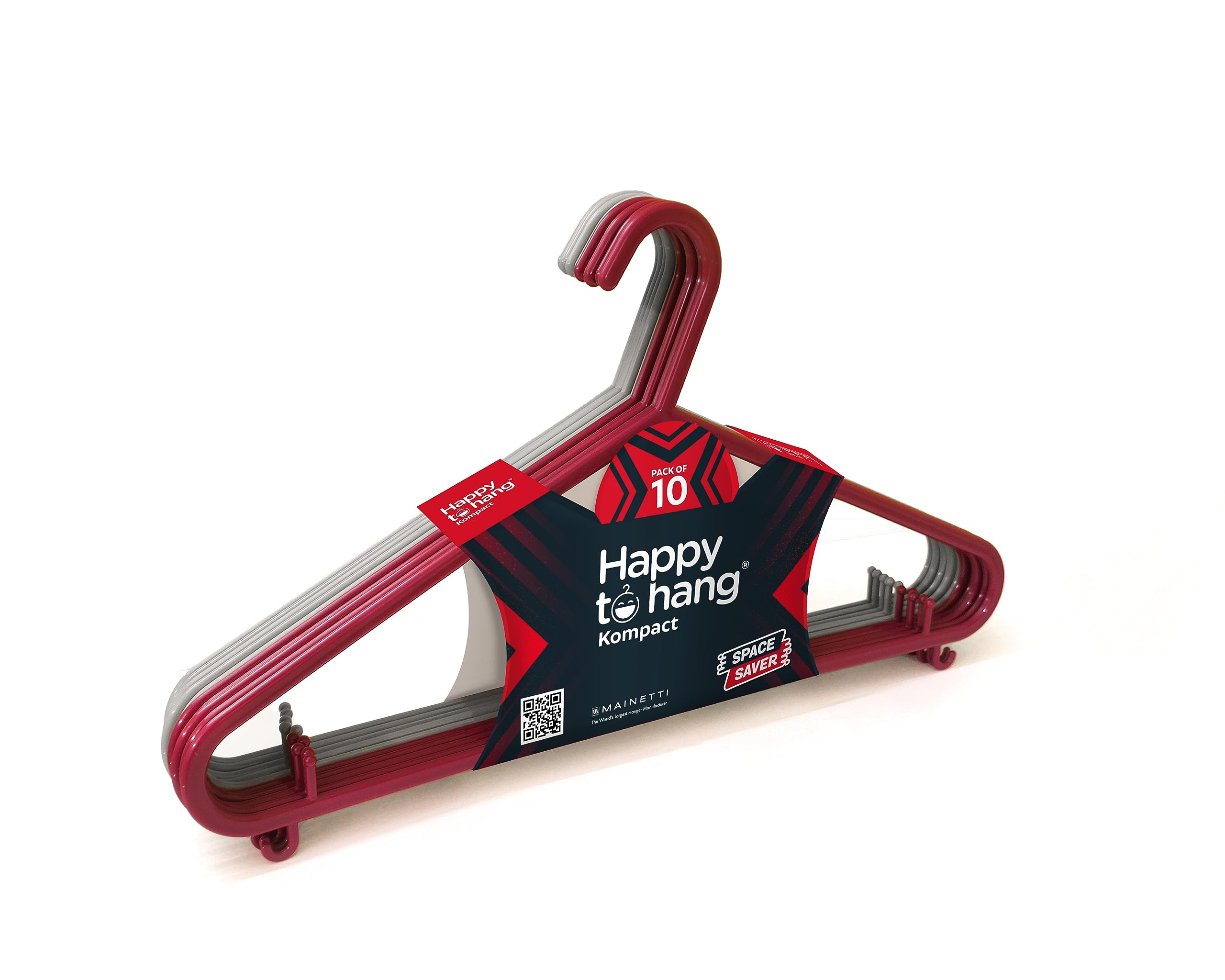 Happy To Hang Kompact Plastic Hanger | Cloth Hangers for Wardrobe, Cupboard & Almirah | Plastic Hangers for Clothes Hanging| Pack of 10 (Majenta & Grey)