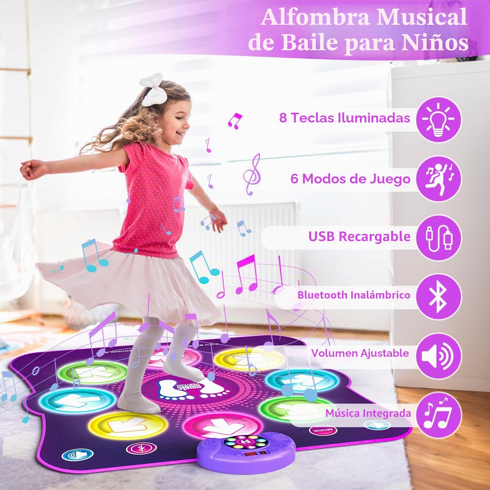 LEAPRCSTORE Tapete de baile iluminado para niñas, almohadilla de baile recargable, regalos para niños de 3, 4, 5, 6, 7, 8, 9, 10 años en adelante, tapete de juego de baile musical con 6 modos de juego