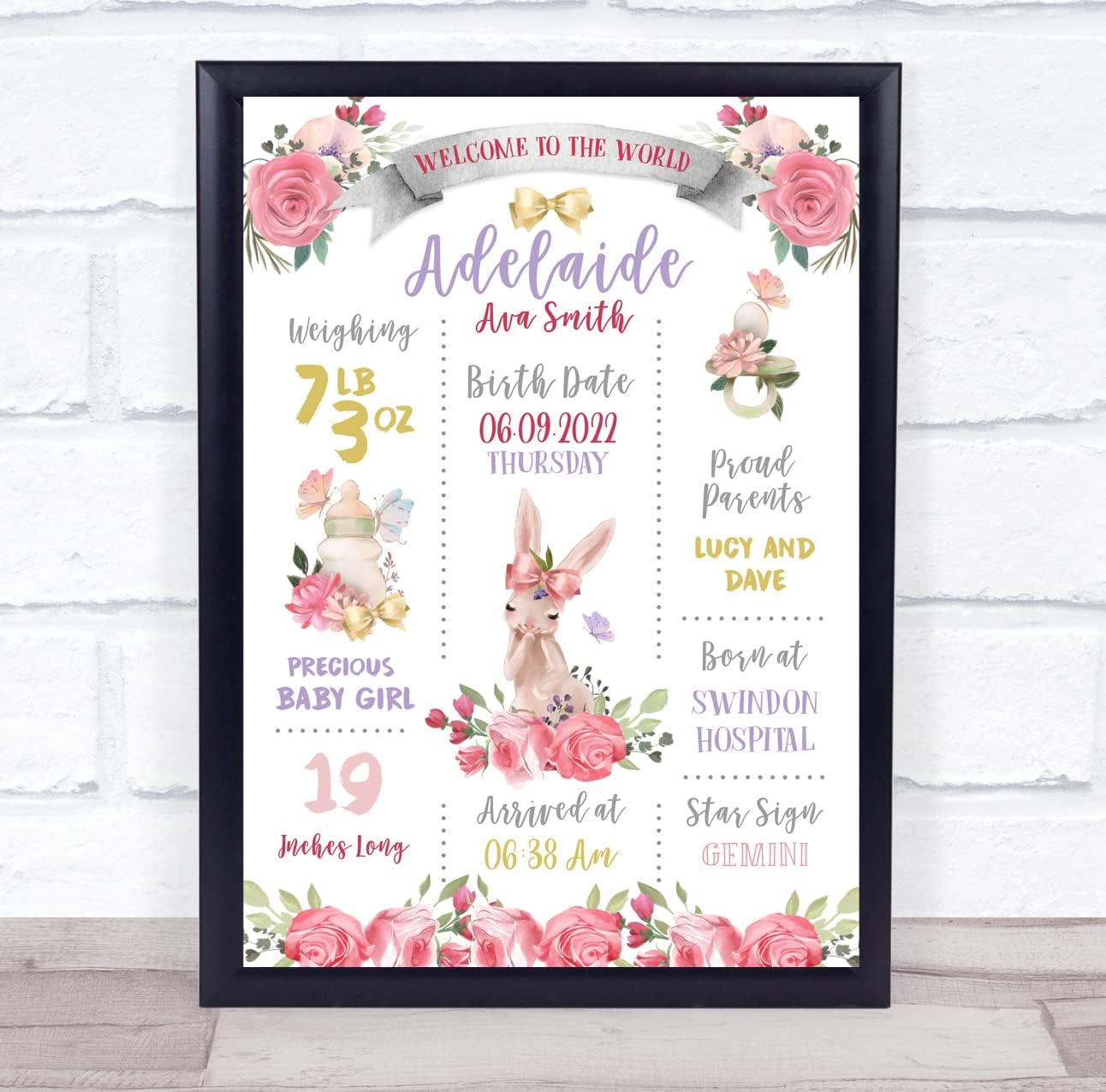 New Baby Birth Details Nursery Christening Bunny Floral Keepsake Gift Print