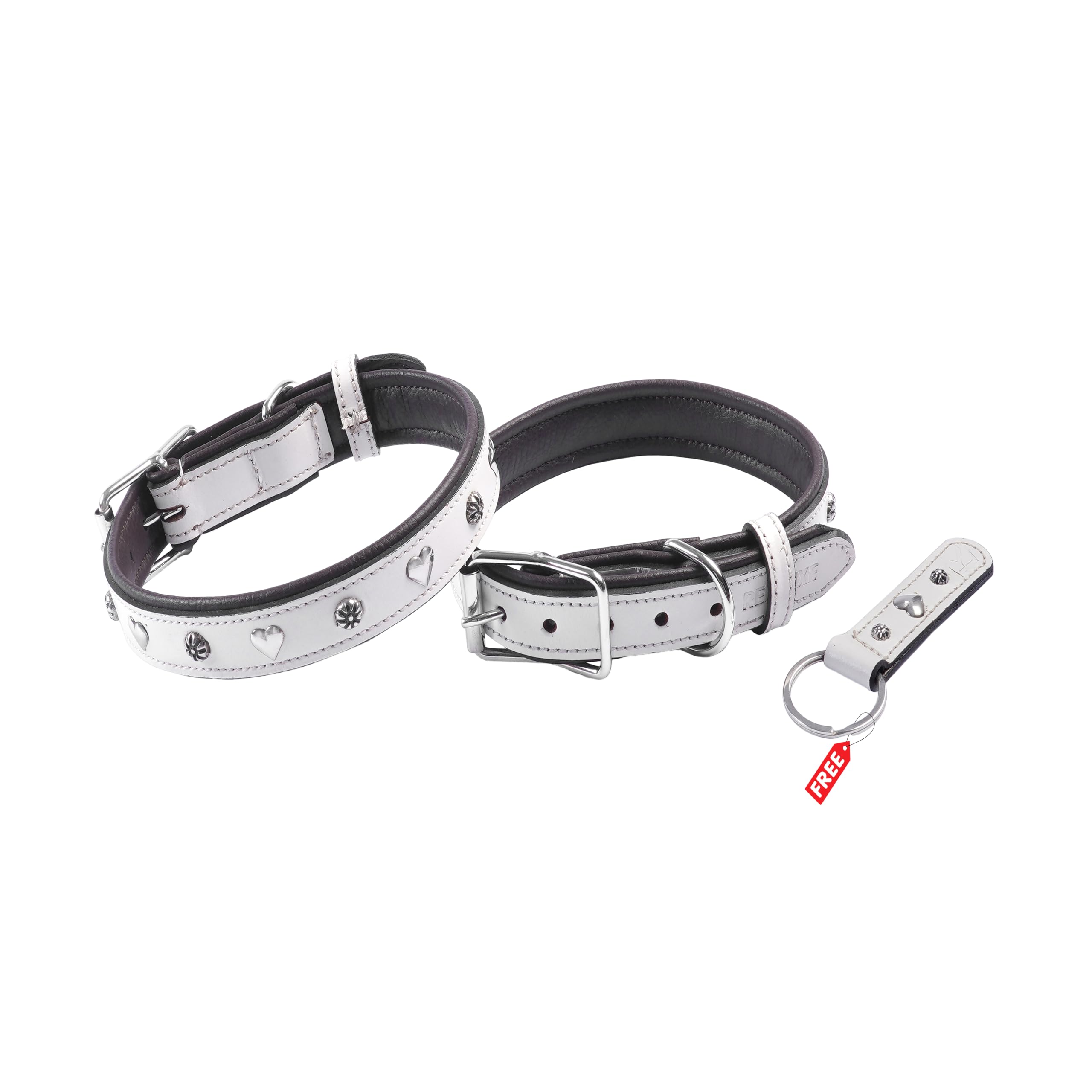 REDLUXE Genuine Leather Dog Collar with Heart Studs, Soft Padded Adjustable Pet Collar for Small, Medium & Large Dogs, Heavy Duty Metal Buckle (WHITE, M)