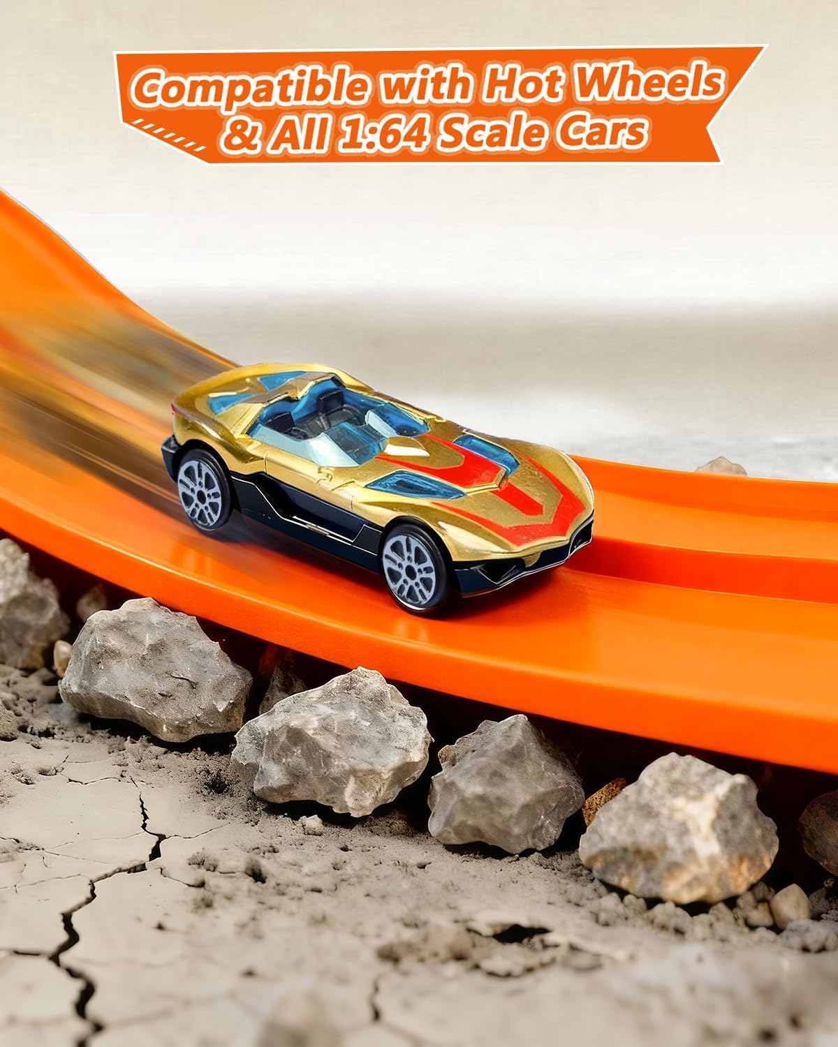 Flexible Race Track for Kids – 15 Ft Roll-Up Car Track with Suction Cups, Fits 1:64 Diecast Cars, Portable Bendable Track Toys for Boys Girls Ages 3+, Orange