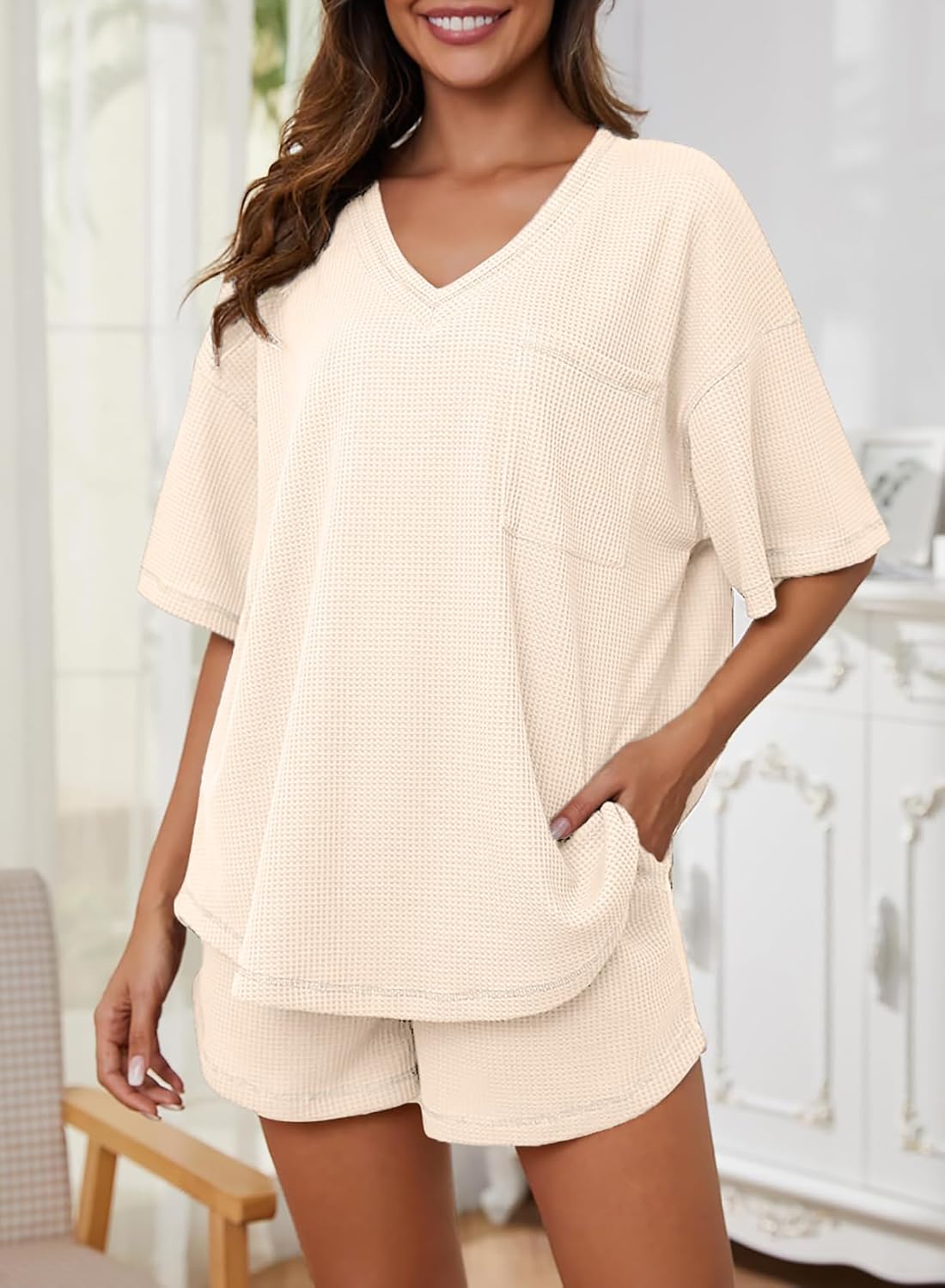 Dokotoo Women's 2 Piece Loungewear Sets Casual Short Sleeve Womens Tops Drawstring Shorts Pants Waffle Knit Sets - Image 2