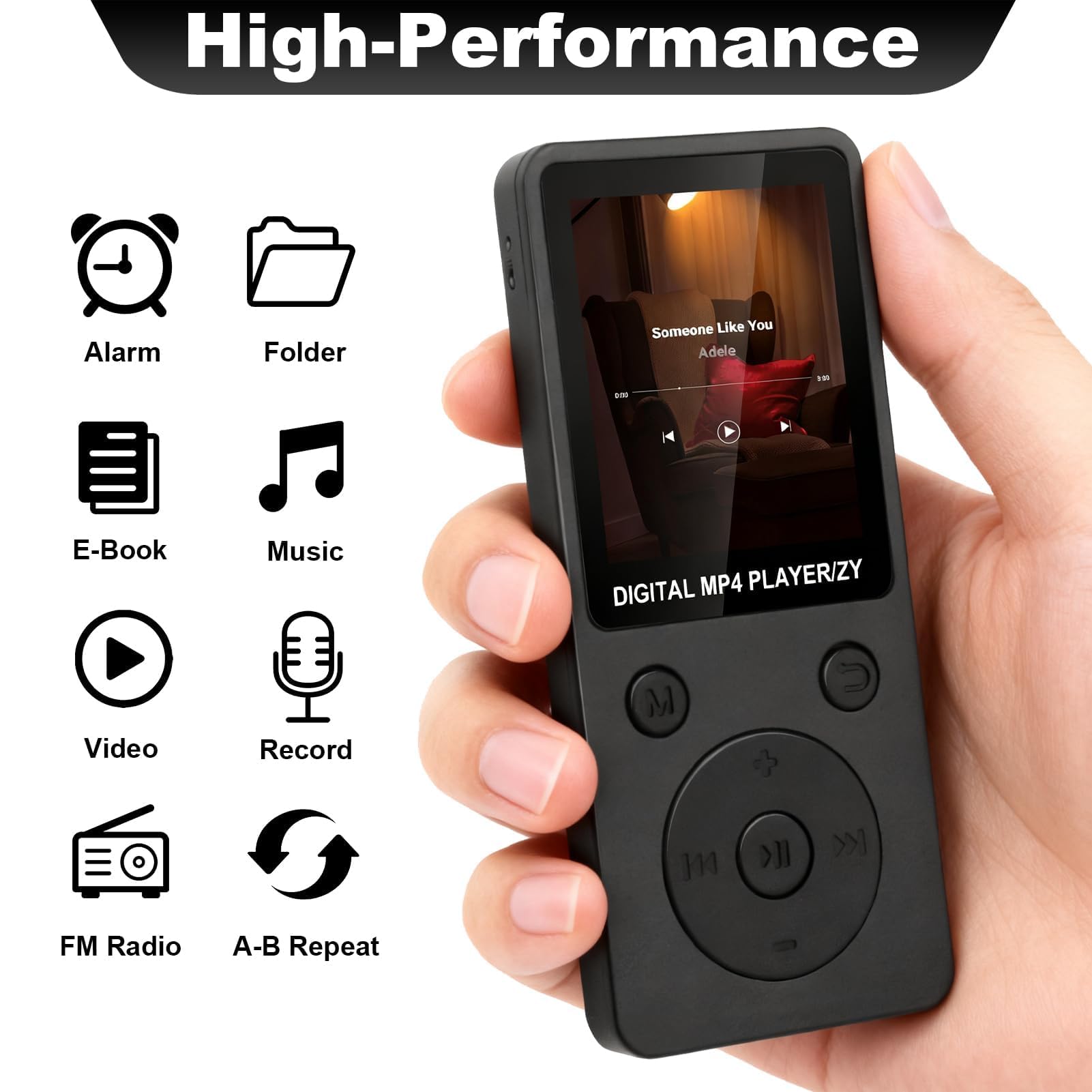 Lecteur MP3 Bluetooth 5.3 32Go Haut-Parleur Intégré Baladeur Portable HiFi sans Perte 70H Autonomie Radio FM Écran 1,8 Pouces Extension Carte TF 128Go