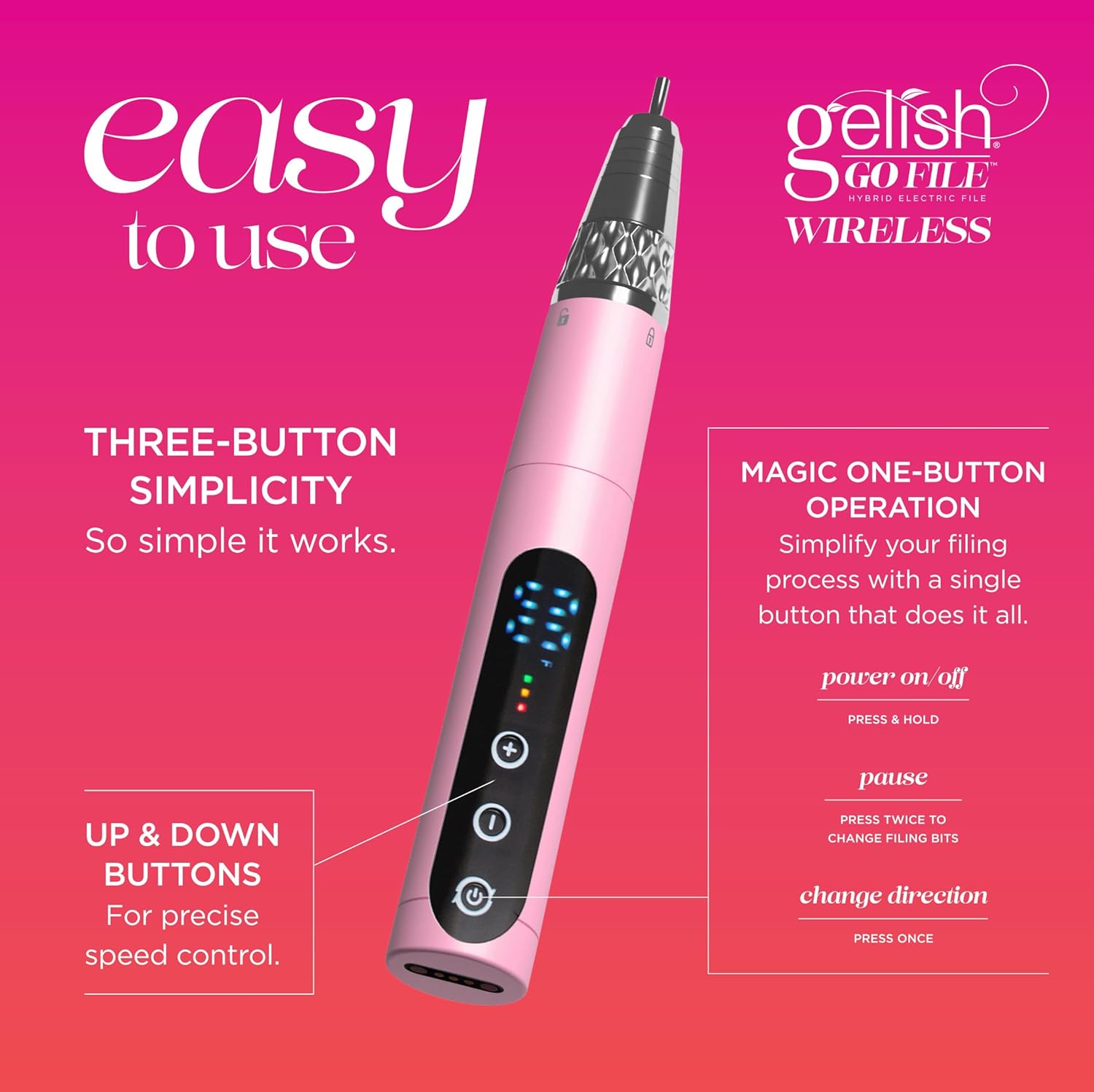Gelish® Go File™ Wireless Hybrid Electric Nail File – 35,000 RPM Professional Cordless E-File with Magnetic Charging Dock, Controller-Free, Quiet, Low Vibration for Mani & Pedi (Pearl Rose Gold)