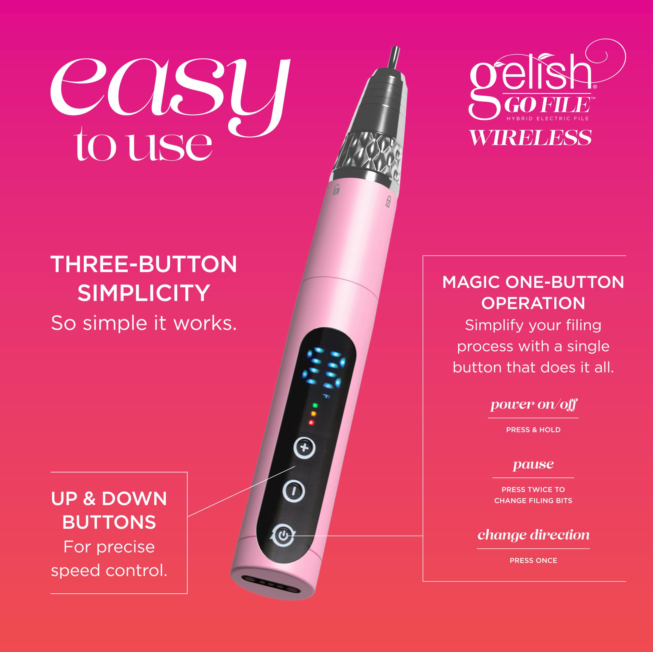 Gelish Go File - Lima per unghie elettrica ibrida wireless, 35.000 giri/min, professionale, senza fili, con dock di ricarica magnetica, senza controller, silenziosa, a basse vibrazioni per Mani e Pedi