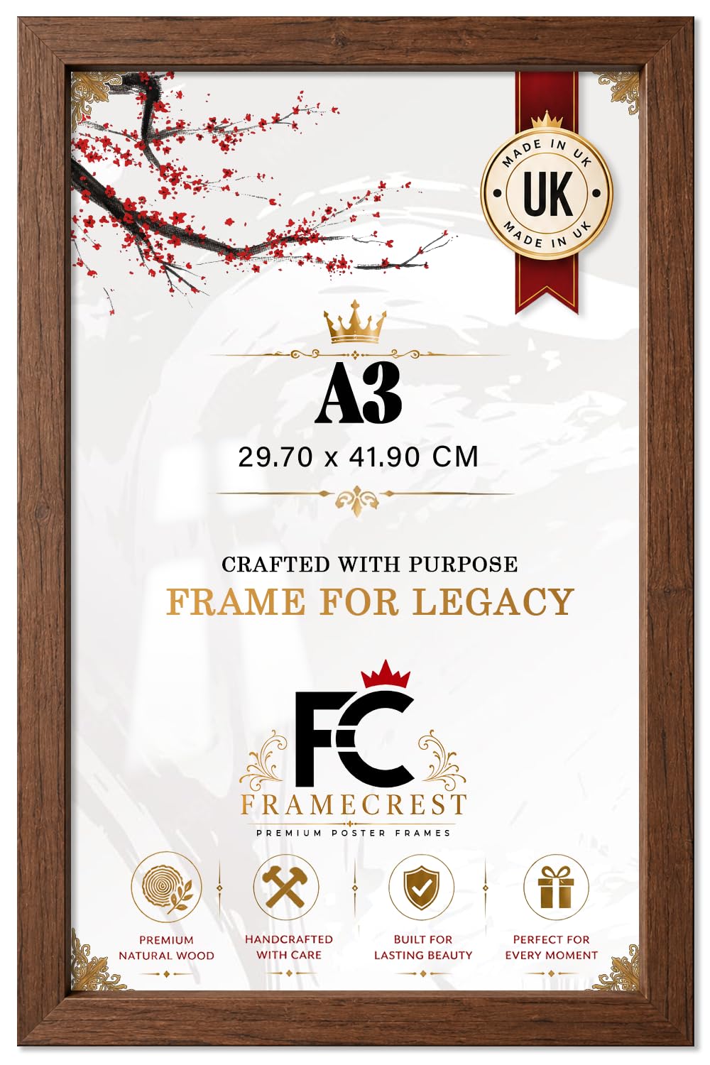 FRAMECREST LTD — Elegant Rectangle Crystal Clear Perspex Wall Mount A3 (29.70 X 41.90 CM) Poster Frame — Ideal For Vertical And Horizontal Display Of Paintings And Photos — 16 X 11 Inch Walnut