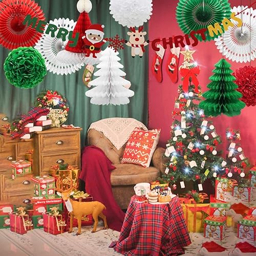 Miniatura 4 de Cartel y pompones de Feliz Navidad, abanicos de papel y faroles para Navidad, decoración de fiestas para Navidad, suministros de fiesta de Año Nuevo