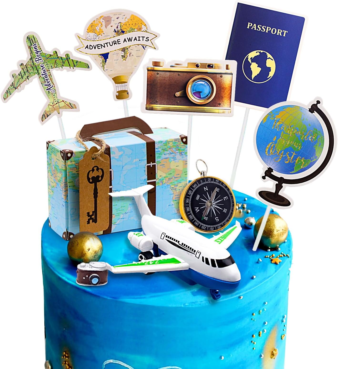 Travel Theme Cake Toppers Travel Cake Decoration Adventure Travel Cake Cupcake Toppers Airplane Map Camera Heart Mini Suitcase Cake Decorations for Adventure Awaits Travel Themed Party