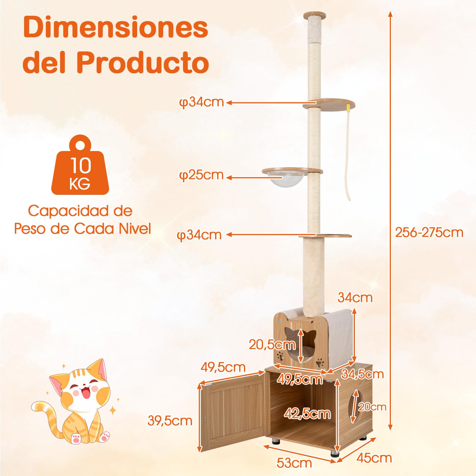 COSTWAY Árbol de Gato de Piso a Techo para Gatos de Interior, 256-275 cm Altura Ajustable, Torre Rascador Gato con Caja de Arena, Cápsula Espacial, Condominio, Postes de Sisal, Plataformas Multinivel