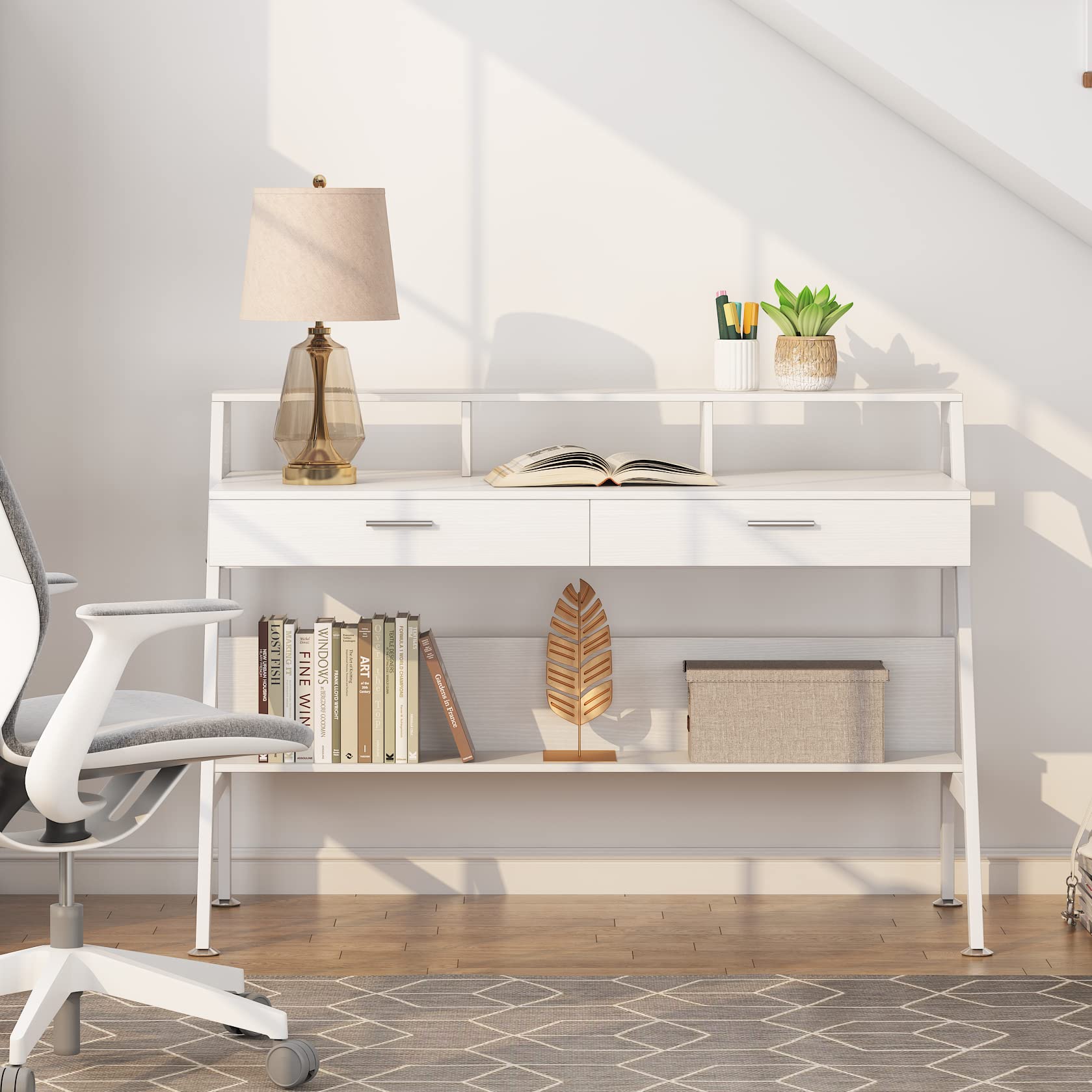 Tribesigns Schreibtisch mit Ablage und Schubladen, 120 cm moderner Schreibtisch, Arbeitstisch mit Monitorständer für den Einsatz im Homeoffice (weiß)