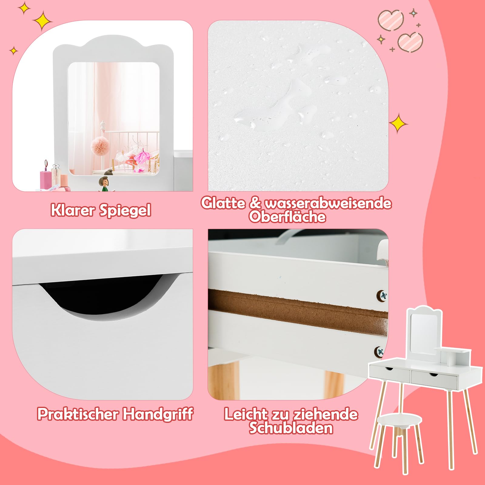 DREAMADE 2 in 1 Kinder Schminktisch mit Hocker und Abnehmbarer Spiegel, Prinzessin Frisiertisch mit Schublade Kosmetiktisch aus Holz, Kinderschminktisch für mädchen