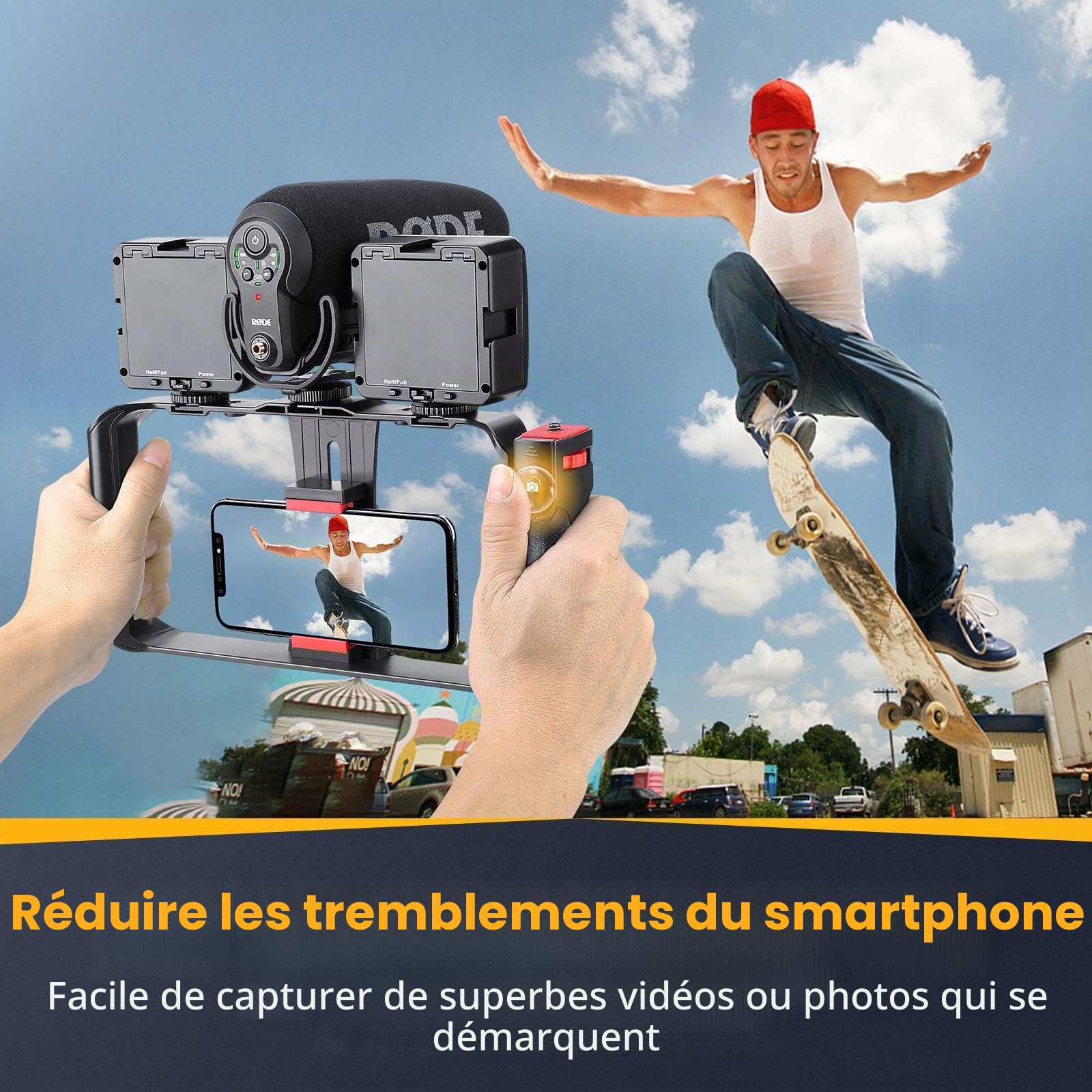 Zeadio Rig Vidéo pour Smartphone, Poignée Stabilisatrice avec Poignée Latérale Amovible,Cage d'Enregistrement Vidéo, Compatible avec Tous Les Smartphones, Vlogging, Réalisation et Streaming en Direct