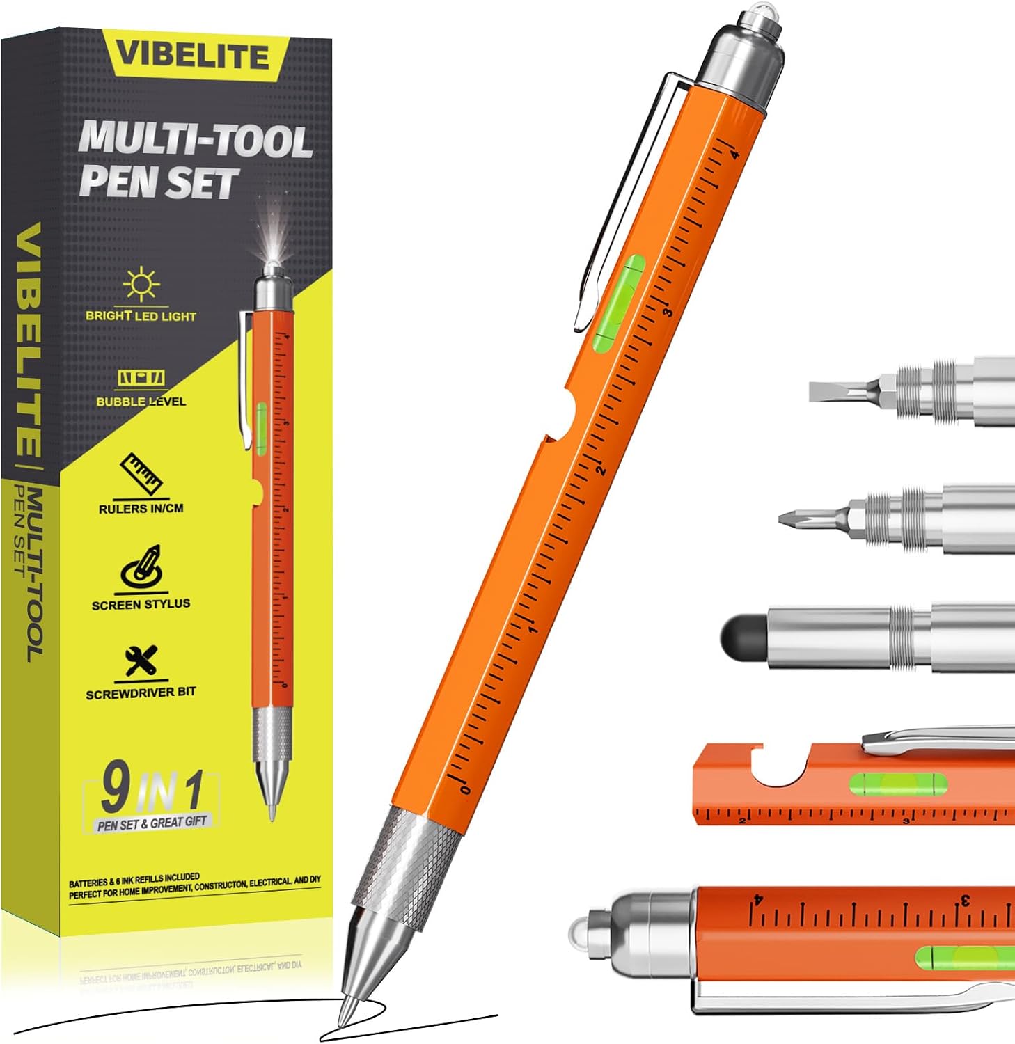 9 in 1 Multitool Pen Set with LED, Stylus, Level, Ruler, Orange, 1 Pack