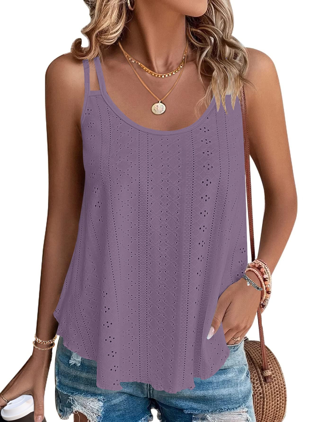 WNEEDU 2026 Womens Summer Tank Tops Eyelet Embroidery Sleeveless Spaghetti Strap Pleated Flowy Scoop Neck Hollow Cami