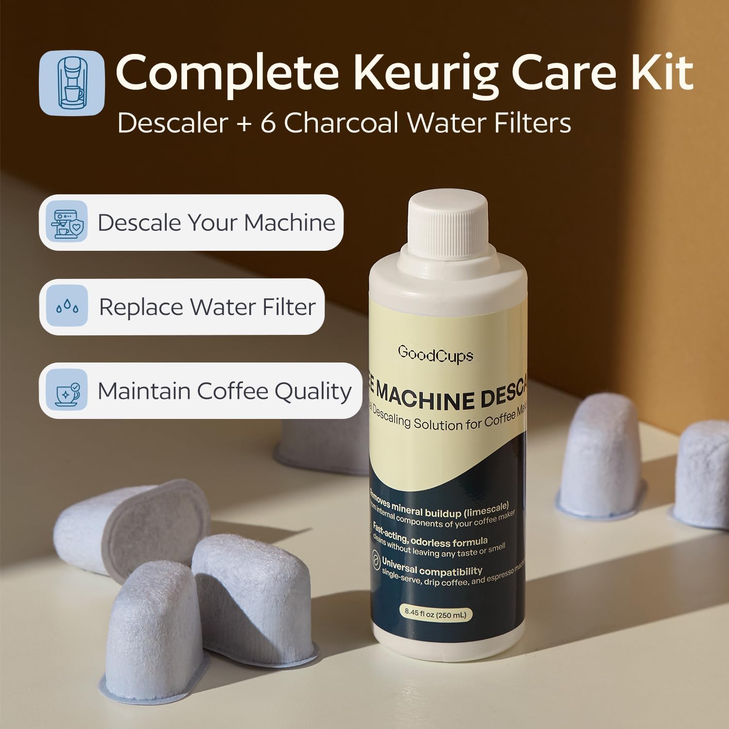 GoodCups Keurig Descaler Kit – Descaling Solution with 6 Charcoal Water Filters, Compatible with Keurig Coffee Makers, 2 Cleaning Cycles image 3